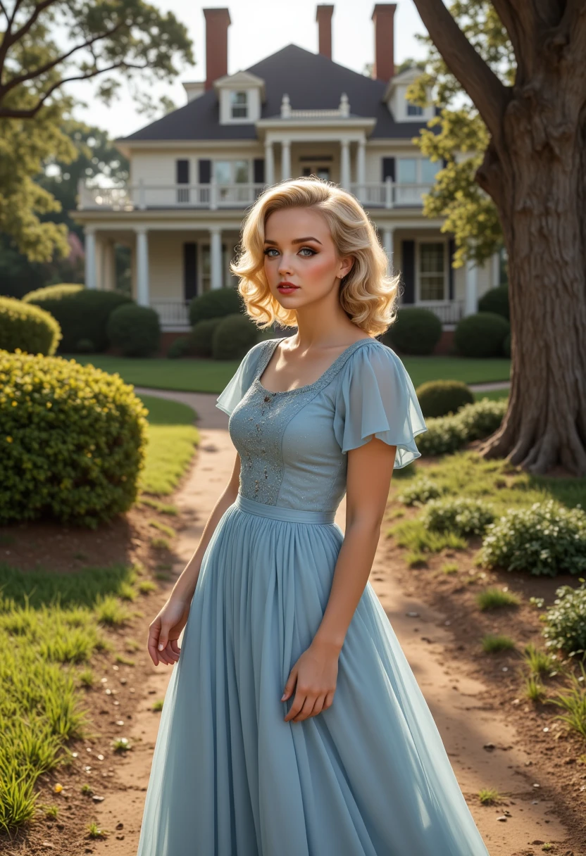 full body view, dyamic angles, multiple angles, she is looking at the camera, with adoration, retro50s_style, photoshoot poses; the image is a portrait of a S0phi@V2. she is standing. She has blonde hair. she has piercing eyes. She is Scarlett O'Hara from the movie gone with the wind, the a light blue frilly dress dress hangs past her knees. white high heels. She has happy look on her face. she is laughing with her mouth open. She is outdoors, standing with a plantation mansion in the background. The overall mood of the image is happy.RAW candid cinema,16mm,color graded portra 400 film,remarkable color,ultra realistic,textured skin,remarkable detailed pupils,realistic dull skin noise,visible skin detail,skin fuzz,dry skin,shot with cinematic camera,detailed skin texture,(blush:0.2),(goosebumps:0.3),subsurface scattering,beautiful photograph in the style of Augustus John,Sergio Toppi,Virginia Frances Sterrett,8k HD,detailed skin texture,ultra realistic,textured skin,analog raw photo,cinematic grain,whimsical.perfection style, looking at the Camera, looking at the Camera, looking at the Camera,aidmafluxpro1.1