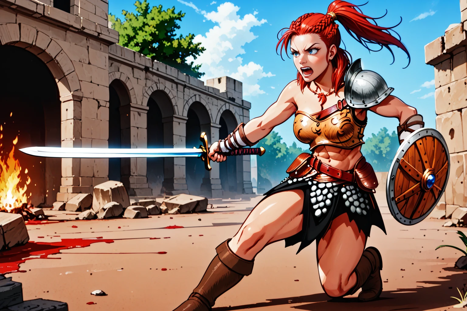 score_9, score_8_up, score_7_up, masterpiece, high quality, extreme detail, absurdres, (detailed skin texture) BREAK
<lora:MireillePonyLora:1>mireille, short hair, ponytail, braids, chest belt, breastplate, single pauldron, arm guards, belt, kilt, pouch, faulds, chainmail, boots, fighting stance, attacking, angry, blood on face, blood on clothes, blood splatter, holding, sword, shield, dynamic motion, ruins, fire, flammes, screaming, solo