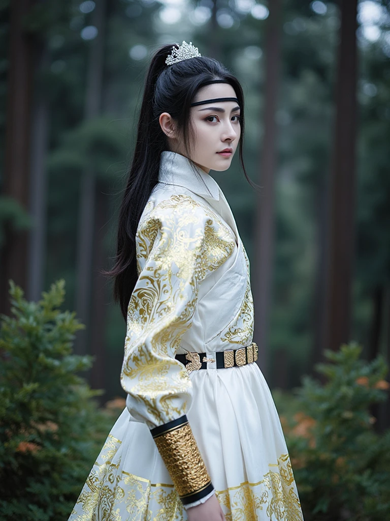 FYF, In a striking and evocative image, is depicted in an exquisite, ethereal tableau set against the backdrop of a moonlit, enchanted forest. The subject, wearing a FYF. The dress is white with gold accents and has a high neckline and long sleeves. She has long dark hair styled in a high bun with a tiara on top.
Her piercing eyes are framed by thick black eyeliner, creating an air of mystery and allure. She stands alone in the center of the frame, The soft glow of the moonlight filters through the trees, casting long shadows and creating a sense of enchantment and wonder, while the emotional tone of the image is one of quiet strength and self-possession, as if she is a queen ruling over her own realm in this dreamlike forest.