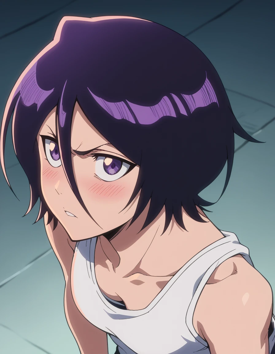 score_9, score_8_up, score_7_up, source_anime, <lora:rukia-kuchiki-tybw-ponyxl-lora-nochekaiser:1>, rukia kuchiki, black hair, hair between eyes, purple eyes, short hair, medium breasts, anime screencap, <lora:downblouse-from-behind-ponyxl-lora-nochekaiser:1>, downblouse from behind, downblouse, from behind,, blush, tank top, white tank top, , from above, nape, head down, looking at viewer, looking back, looking up, sideways glance,, , cowboy shot, solo