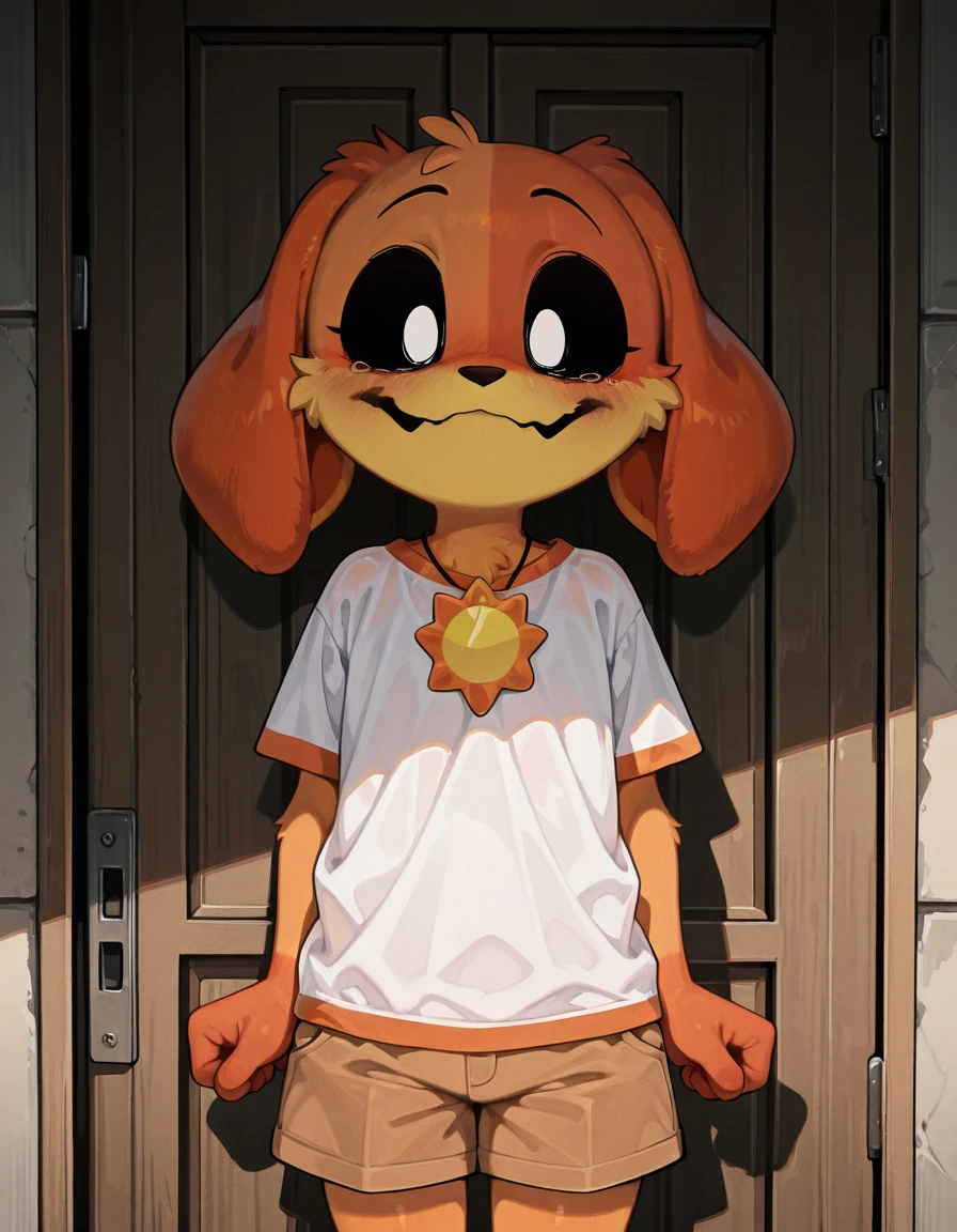 masterpiece, best quality, amazing quality, very aesthetic, absurdres, newest, <lora:dogday_poppy_playtime:1>, dogday_poppy_playtime, furry, white shirt, brown shorts, cowboy shot, standing