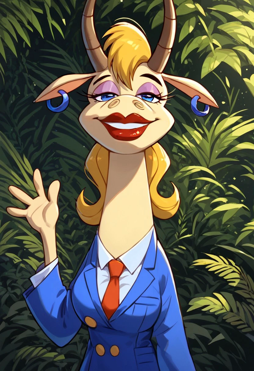 mary_antelope, 1girl, female furry, anthro, female antelope, yellow fur, brown horns, animal ears, blonde hair, eyelashes, blue eyes, makeup, pink eyeshadow, red lips, small blue hoop earings, blue office blazer (yellow buttons), red necktie, white shirt, blue skirt, blue high heels, score_9_up, score_8_up, score_7_up, breasts, looking at viewer, smiling, smug, waving at viewer, female focus, ultra detailed, detailed background, jungle background, masterpiece, best quality, 8k, Expressiveh