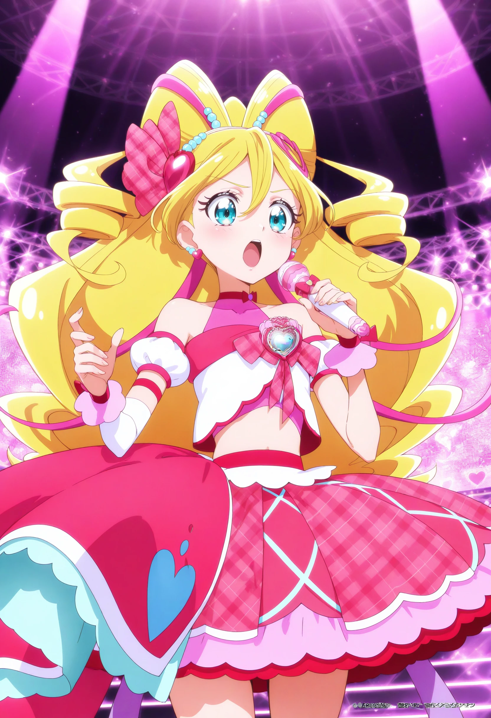 1girl,cure idol,solo,
masterpiece, best quality, newest, absurdres, CG, anime, source anime, illustration,
blonde hair, pink bow, blue eyes, hair bow, jewelry, heart hair ornament, earrings, multicolored hair, twin drills, magical girl, detached sleeves, hair between eyes, plaid skirt, pink choker, bare shoulders, very long hair, <lora:cureidol_Illust_v1:0.8>
singing,holding microphone,stage,stage lights,
ceiling, wide shot, looking away, annoyed, cities, open mouth