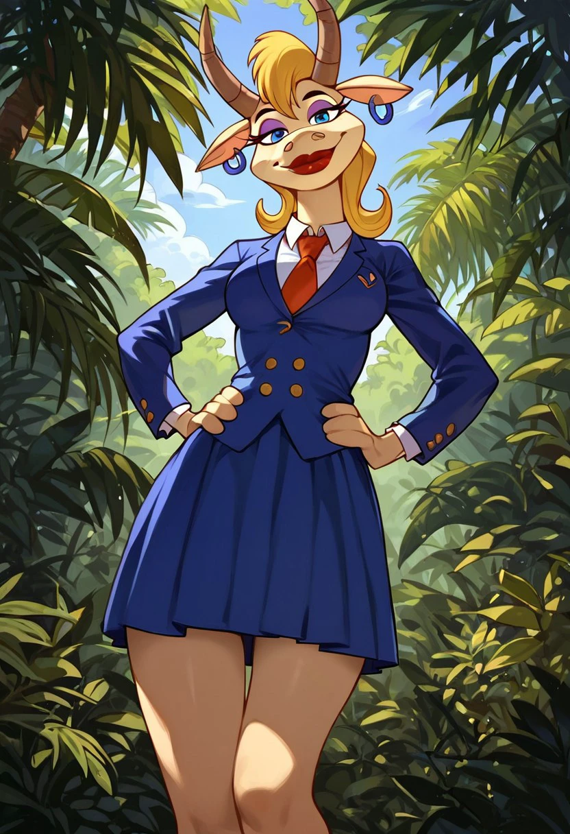 mary_antelope, 1girl, female furry, anthro, female antelope, yellow fur, brown horns, animal ears, blonde hair, eyelashes, blue eyes, makeup, pink eyeshadow, red lips, small blue hoop earings, blue office blazer (yellow buttons), red necktie, white shirt, blue skirt, blue high heels, score_9_up, score_8_up, score_7_up, BREAK, 1girl, solo, looking at viewer, cute, smirk, from below, hands on hips, head tilt, female focus, ultra detailed, detailed background, jungle background, masterpiece, best quality, 8k, Expressiveh