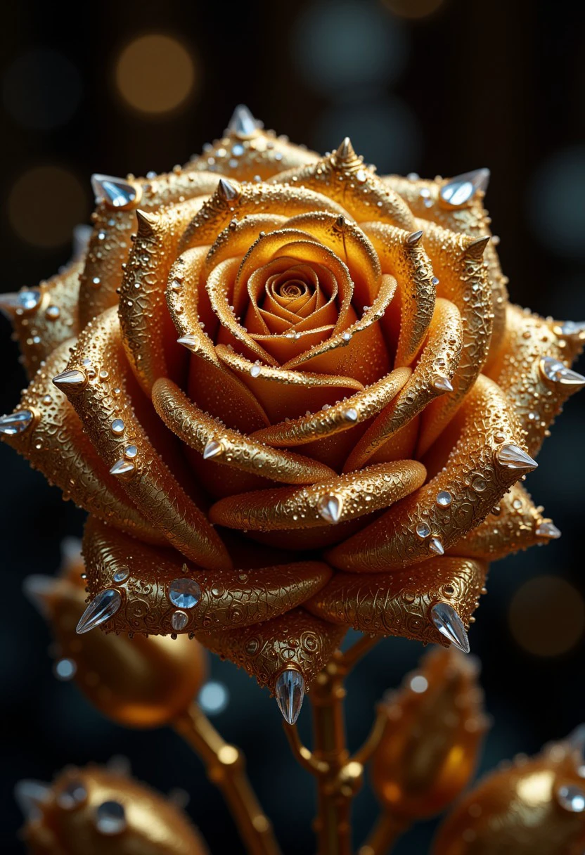 The image is a high-resolution photograph of a rose, rendered in an ultra-realistic, hyper-realistic digital art style. The rose is depicted in a close-up view, showcasing its intricate petals in a rich, golden hue, almost metallic in appearance. The petals are adorned with tiny, sparkling transparent crystal dewdrops, adding to the luxurious, almost surreal feel of the image.