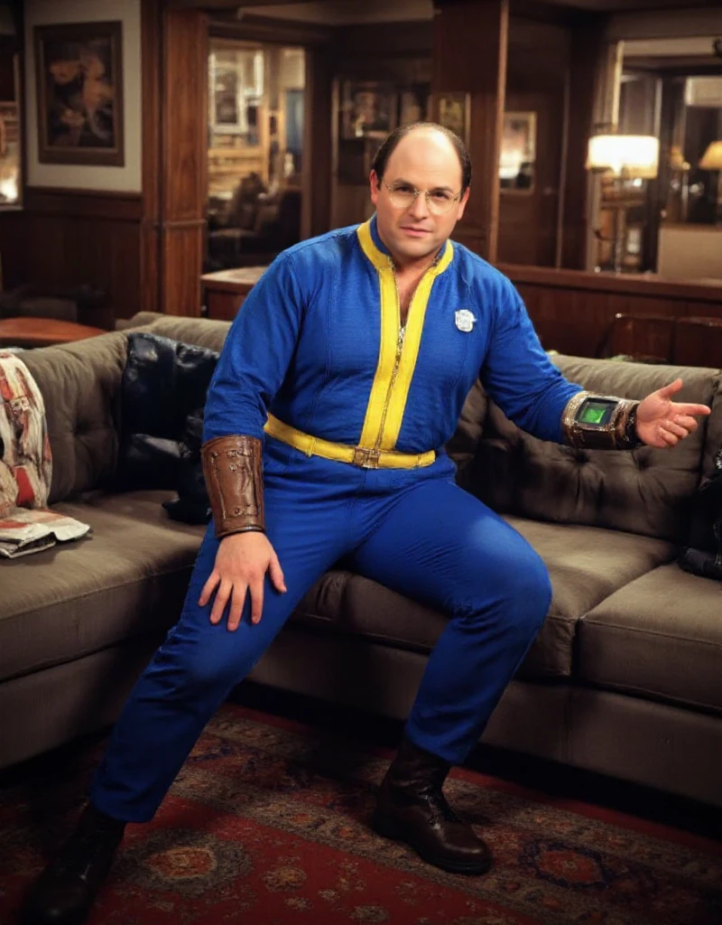 <lora:Fallout_Vault_Jumpsuit:0.9> <lora:George_Costanza:0.9> george costanza, a man with glasses wears a fallout vault jumpsuit and a wrist computer. He sits on a couch in a 50s livingroom