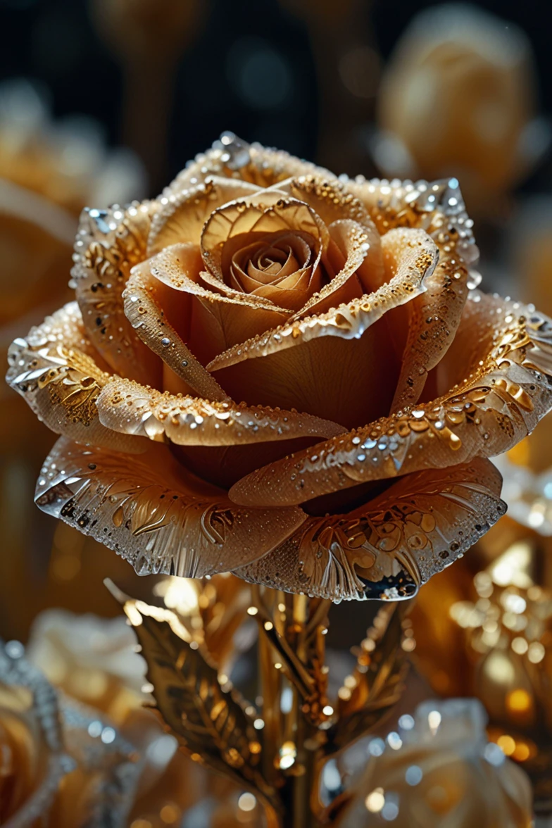 The image is a high-resolution photograph of a rose, rendered in an ultra-realistic, hyper-realistic digital art style. The rose is depicted in a close-up view, showcasing its intricate petals in a rich, golden hue, almost metallic in appearance. The petals are adorned with tiny, sparkling transparent crystal dewdrops, adding to the luxurious, almost surreal feel of the image.