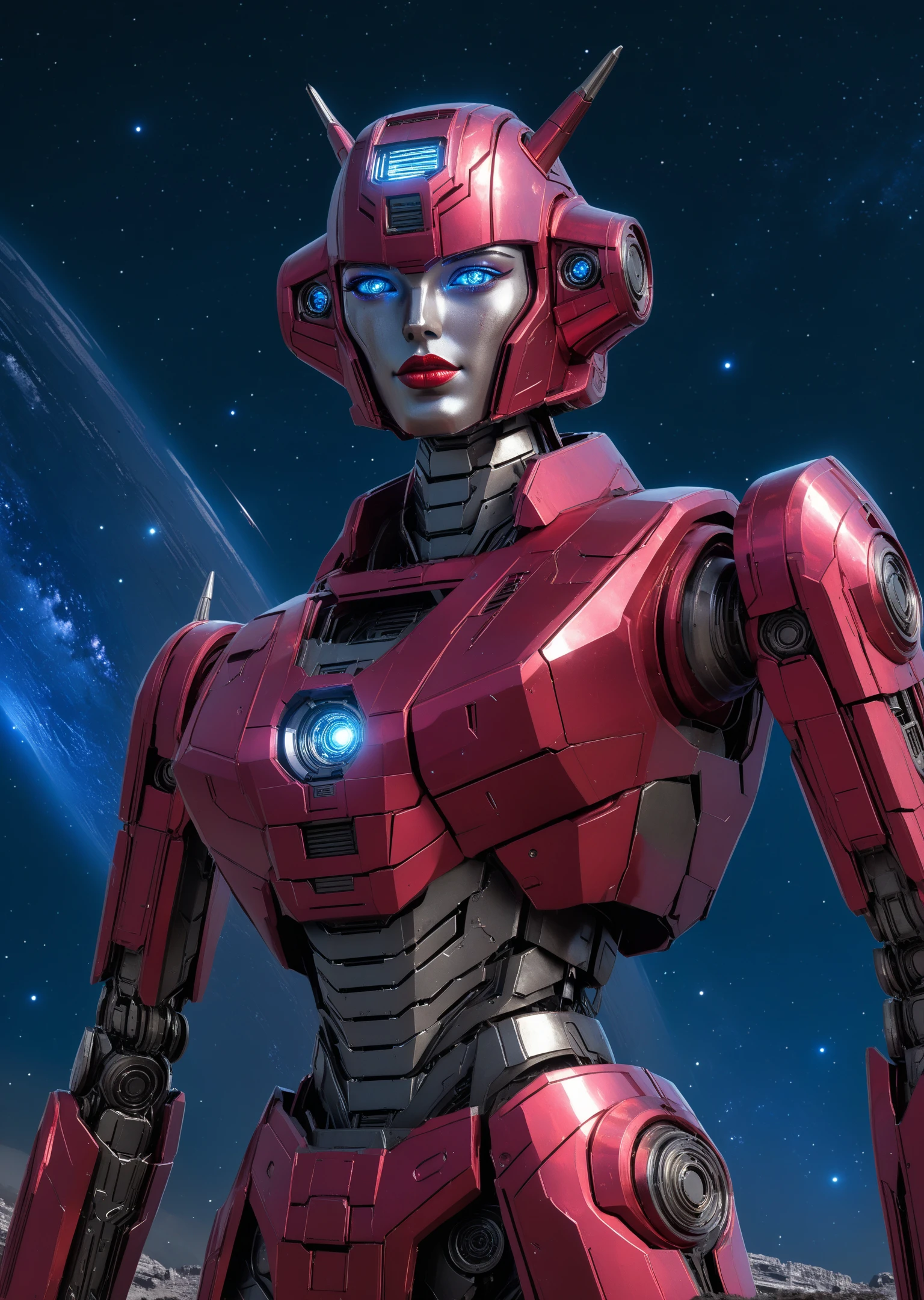 full_details,, Elita One, 1girl, full-height view, seductive evocative pose, dark pink female shining metal robot, detailed metal face, blue eyes, red lips, smirk, looking at viewer, no human, asteroid surface, stars, comet, (2d:1.2), masterpiece retrostyle sci-fi, transformers, anime, digital painting, high quality, (intricate details:1.1), sharp focus<lora:lora\Add_more_details_V2_XLpony.safetensors:0.8:0.8><lora:lora\EnvyScifiStreamlineXL01.safetensors:0.8:0.8><lora:lora\Elita_One_from_Transformers.safetensors:0.8:0.8>