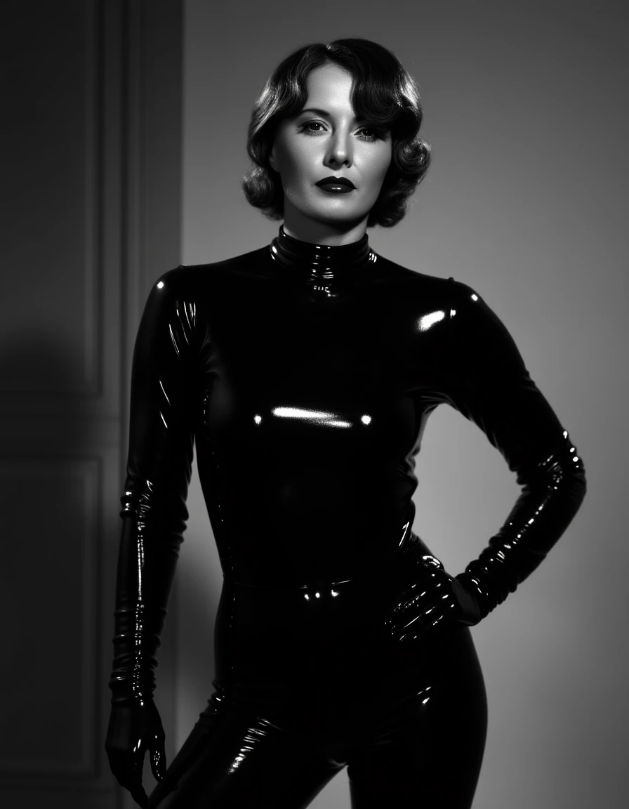 woman dressed in a tight black full body latex suit in a black and white room but the photo is in full color <lora:barbara-stanwyck-flux:1.2>