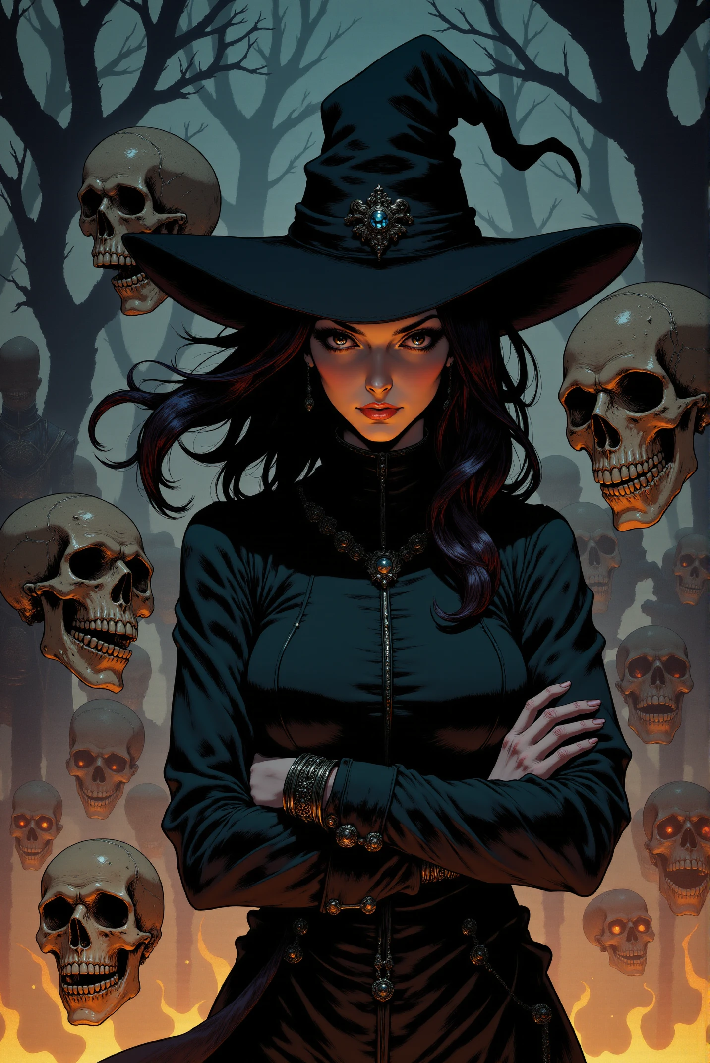<lora:FANCHA_v.4:0.9> Fancha style. This captivating scene centers on a dark and mysterious sorceress, her piercing gaze locking the viewer into her enigmatic presence. She wears a wide-brimmed black hat, its shadow casting a dramatic line across her intense expression. Her long, dark hair cascades down in loose waves, flowing with an almost ethereal quality, catching the subtle light of an unseen source. Clad in a dark leather coat, adorned with intricate detailing, her arms are crossed in a pose of quiet confidence, suggesting mastery over the eerie domain around her. Surrounding her are floating skulls, their hollow eyes seemingly fixed on her, as if drawn by her power. The skulls, aged and cracked, drift in the smoky air, lit from below by an ominous, fiery glow that illuminates the swirling embers and ash rising from the ground. Behind her, faint figures emerge from the shadows, skeletal warriors with swords raised in silent march, adding to the feeling of dread and supernatural command. The background is shrouded in deep blues and greys, with twisted trees and creeping fog stretching into the distance, creating a sense of foreboding and isolation. The art style leans toward a graphic novel approach, with bold outlines and a limited color palette that enhances the dark, moody atmosphere. The sharp contrasts between light and shadow create a chiaroscuro effect, with the fiery glow highlighting the textures of the sorceressâs garments and the sinister details of the skulls. The entire scene evokes a sense of arcane power and looming danger, as though the sorceress is on the verge of summoning something ancient and terrifying from the underworld.