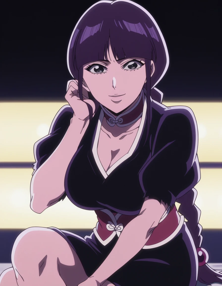 score_9, score_8_up, score_7_up, source_anime, <lora:nemu-kurotsuchi-tybw-ponyxl-lora-nochekaiser:1>, nemu kurotsuchi, long hair, large breasts, black hair, black eyes, braid, single braid, braided ponytail, blunt bangs, mature female, anime screencap, choker, skirt, cleavage, kimono, black kimono, corset, short sleeves, black skirt,, runway, planes, lights, takeoff, landing, smile, head rest, looking at viewer, solo,, cowboy shot, solo