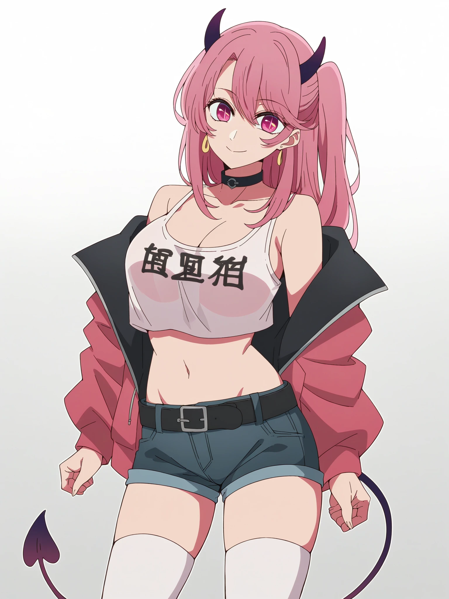 score_9, score_8_up, score_7_up, score_6_up, score_5_up,
1girl, solo, breasts, tail, pink_hair, horns, demon_tail, shorts, jacket, twintails, large_breasts, smile, looking_at_viewer, long_hair, navel, choker, black_background, pink_eyes, short_shorts, belt, demon_girl, pink_jacket, demon_horns, simple_background, tank_top, open_jacket, cleavage, black_shorts, open_clothes, thighhighs, off_shoulder, bare_shoulders, closed_mouth, head_tilt, hair_between_eyes, cowboy_shot, jewelry, micro_shorts, collarbone, black_choker, white_thighhighs, crop_top, bangs, earrings, clothes_writing, shirt, midriff, standing, see-through, contrapposto, long_sleeves,
 <lora:Oshi_No_Ko:1>