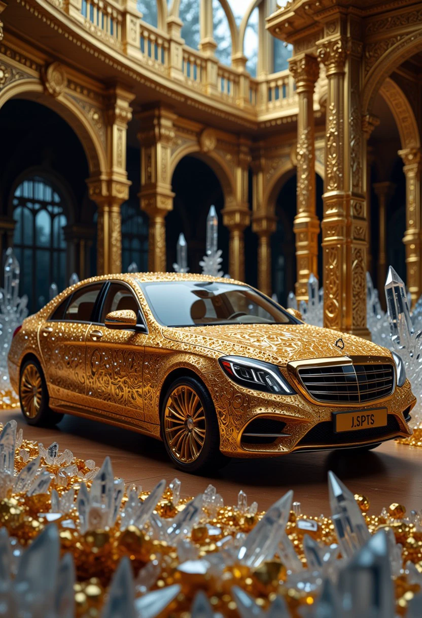This is a highly detailed, CGI-rendered image of a luxurious, golden-colored sedan car set in an elaborate, crystal-filled environment. The car, a sleek Mercedes-Benz S-Class, is adorned with intricate, swirling patterns that shimmer and glisten, enhancing its opulent appearance. The vehicle's body is polished to a high sheen, reflecting the ambient light and casting a mesmerizing glow.