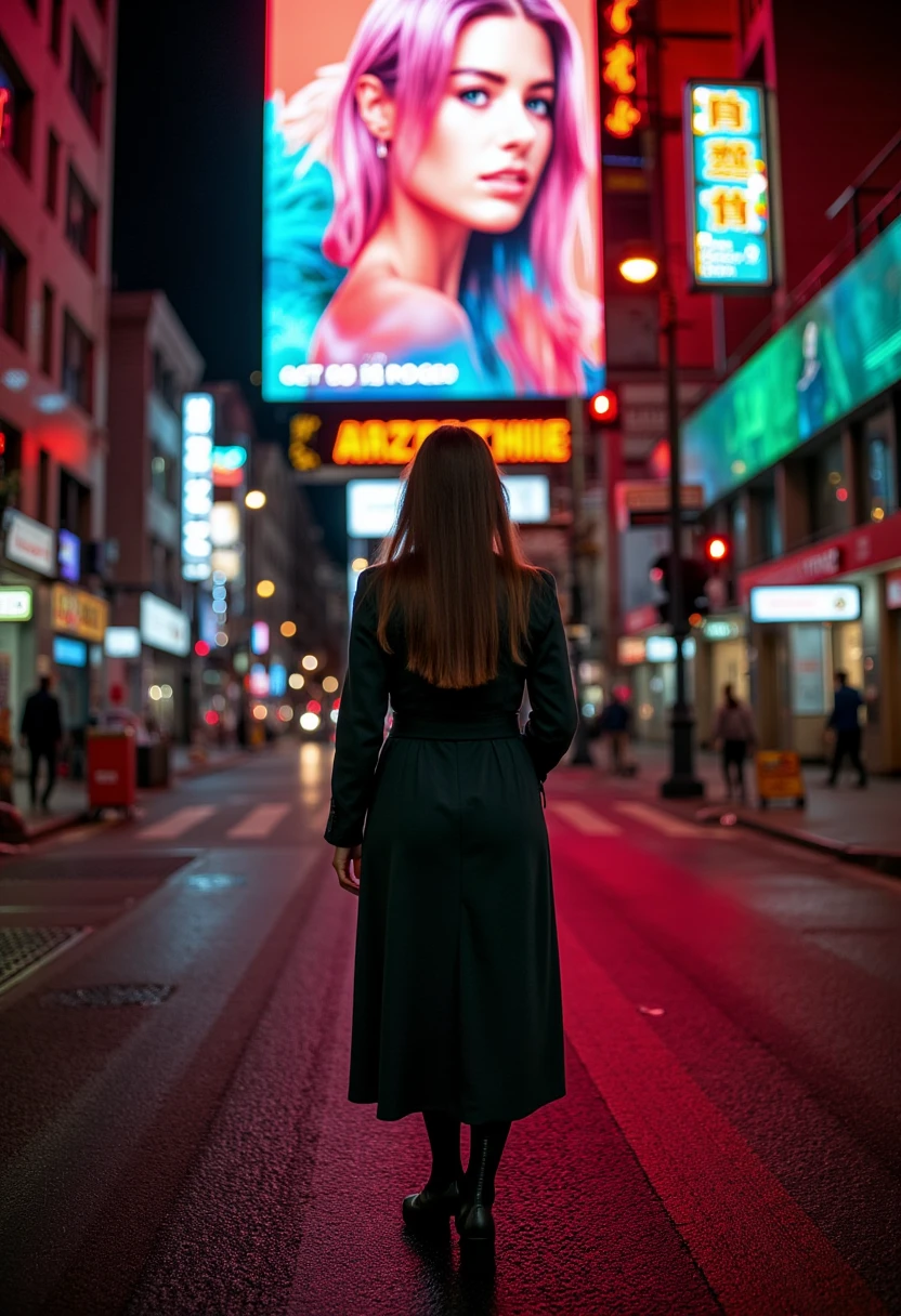 The woman stands sentinel at the entrance of a Cyberpunk district, her long, wavy hair catching the neon glow of a massive, animated billboard overhead. She exudes strength, her stance firm, dressed in a futuristic trench coat that sways with the breeze. The street is alive with motion—hovering bikes zip by, and holographic projections pulse with advertisements for cybernetic implants. The deep reds and neon greens of the scene create a striking contrast, highlighting the metallic sheen of her gear. The air is thick with the scent of street food and the faint crackle of distant electricity, encapsulating the gritty yet vibrant life of the cyber world. B4RB0R4S