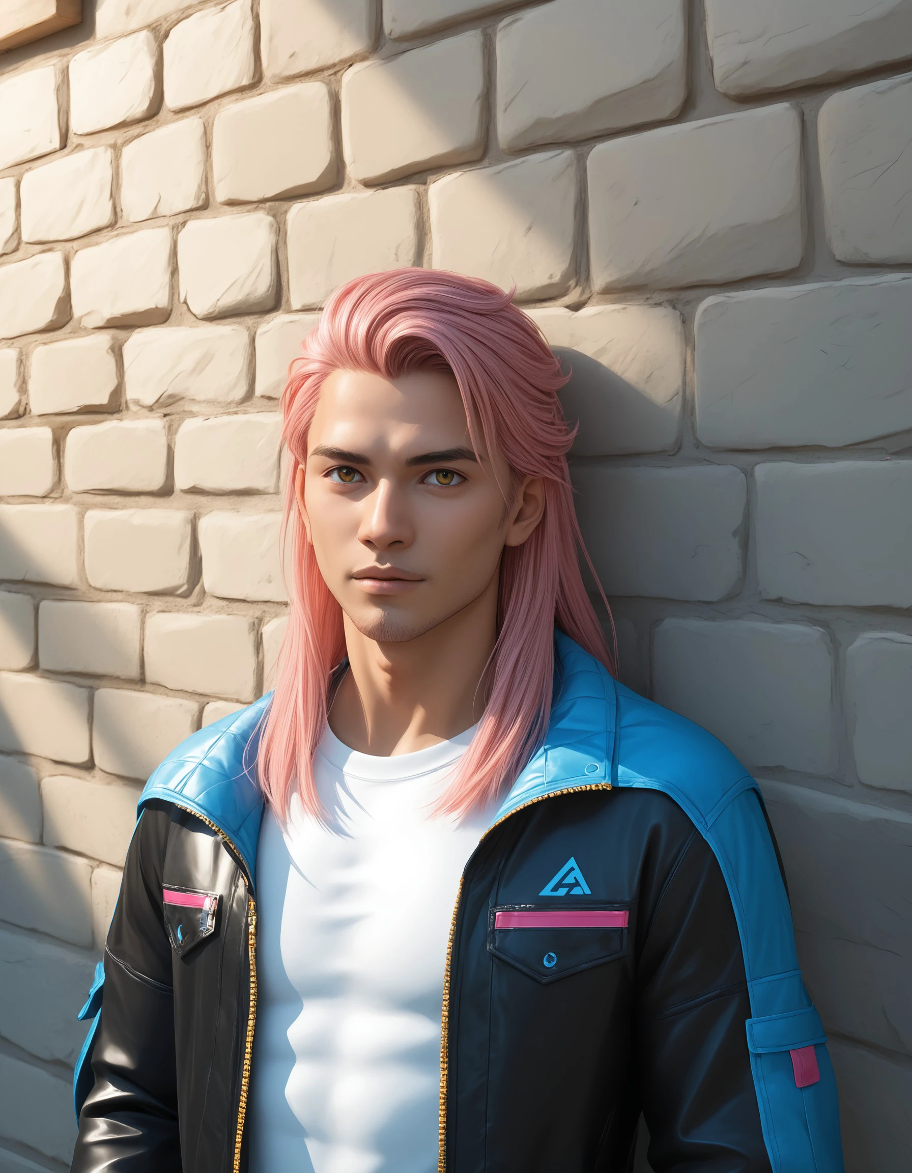 score_9, score_8_up, score_7_up, score_6_up, score_5_up, score_4_up, V4NGU4RD, solo, 1boy, male focus, gold eyes, pink hair, long hair, asian, gloves, fingerless gloves, , jacket, bolero, shirt, cyberpunk, techwear, portrait, arms folded, against wall, outdoors, looking at viewer, straight on, cinematic lighting, rembrandt lighting, , <lora:69d37ce4-88b9-407f-910d-7a7c935ab51d:0.7>