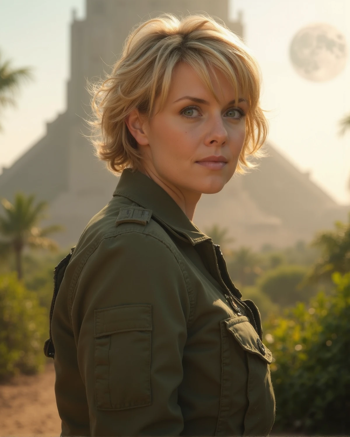 beautiful detailed portrait photograph of amandatapping, she has short hair. strands of hair framing her face, She is wearing a olive green flight jacket military, standing in a jungle on an alien planet. She is standing in front of a massive towering ancient structure in the background. The planet has two moons. Warm golden light frames her. Cinematic photography, movie mood, cinematic light, compelling composition, storytelling elements, conveys emotion, mood, and narrative depth, creating visually striking images that feel like still frames from a film 35mm film. DSLR. <lora:amandatapping-v0-1:0.9> <lora:flux_realism_lora:0.7>