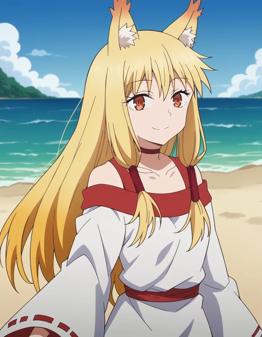 score_9, score_8_up, score_7_up, source_anime, <lora:tama-youko-s2-ponyxl-lora-nochekaiser:1>, tama youko, long hair, blonde hair, animal ears, brown eyes, animal ear fluff, fox ears, sidelocks, anime screencap, long sleeves, dress, collarbone, choker, wide sleeves,, beach, sand, waves, sun, ocean, smile, from side, looking at viewer, solo,, cowboy shot, solo