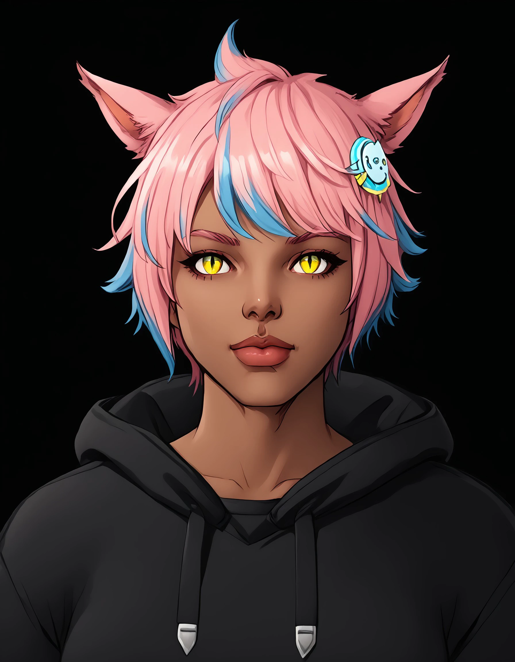 score_9, score_8_up, score_7_up, score_6_up, score_5_up, score_4_up, BL4CKC4TD5K, 1girl, animal ears, miqo'te, pink hair, multicolored hair, dark skin, 1girl, slit pupils, yellow eyes, looking at viewer, blue hair, short hair, cat ears, hair ornament, lips, pants, dark-skinned female, two-tone hair, hood, bangs,, <lora:3b3da377-9f27-4a25-8dd4-94585a8a4fc9:0.7>