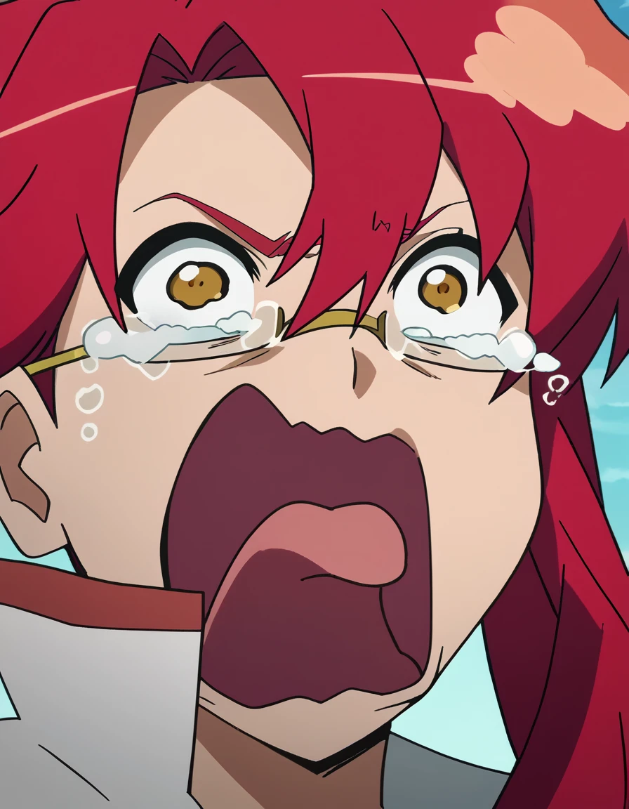 score_9, score_8_up, score_7_up, source_anime, <lora:yoko-littner-s1-v2-ponyxl-lora-nochekaiser:1>, yoko littner, long hair, yellow eyes, red hair, glasses, hair down, mature female, large breasts, anime screencap, <lora:crying-aqua-ponyxl-lora-nochekaiser:1> crying aqua, crying aqua (meme), screaming, crying, crying with eyes open, tears, tongue, open mouth,, , cowboy shot, solo