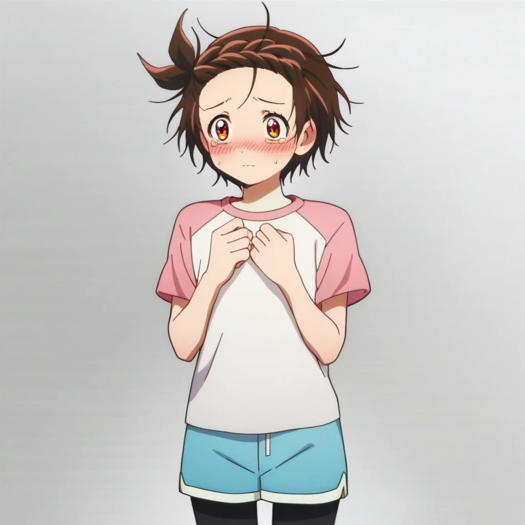 score_9, score_8_up, score_7_up, source_cartoon, prefect lighting, very aesthetic, intricate details, highly detailed background, high quality, perfect hands, best quality, 1girl, solo, yuitsuka inori, medalist, brown hair, one side up, braided bangs, brown eyes, two tone shirt, white shirt, pink sleeves, short sleeves, blue shorts, black pantythose, standing, nervous, reception, blush, looking at veiwer, shy,