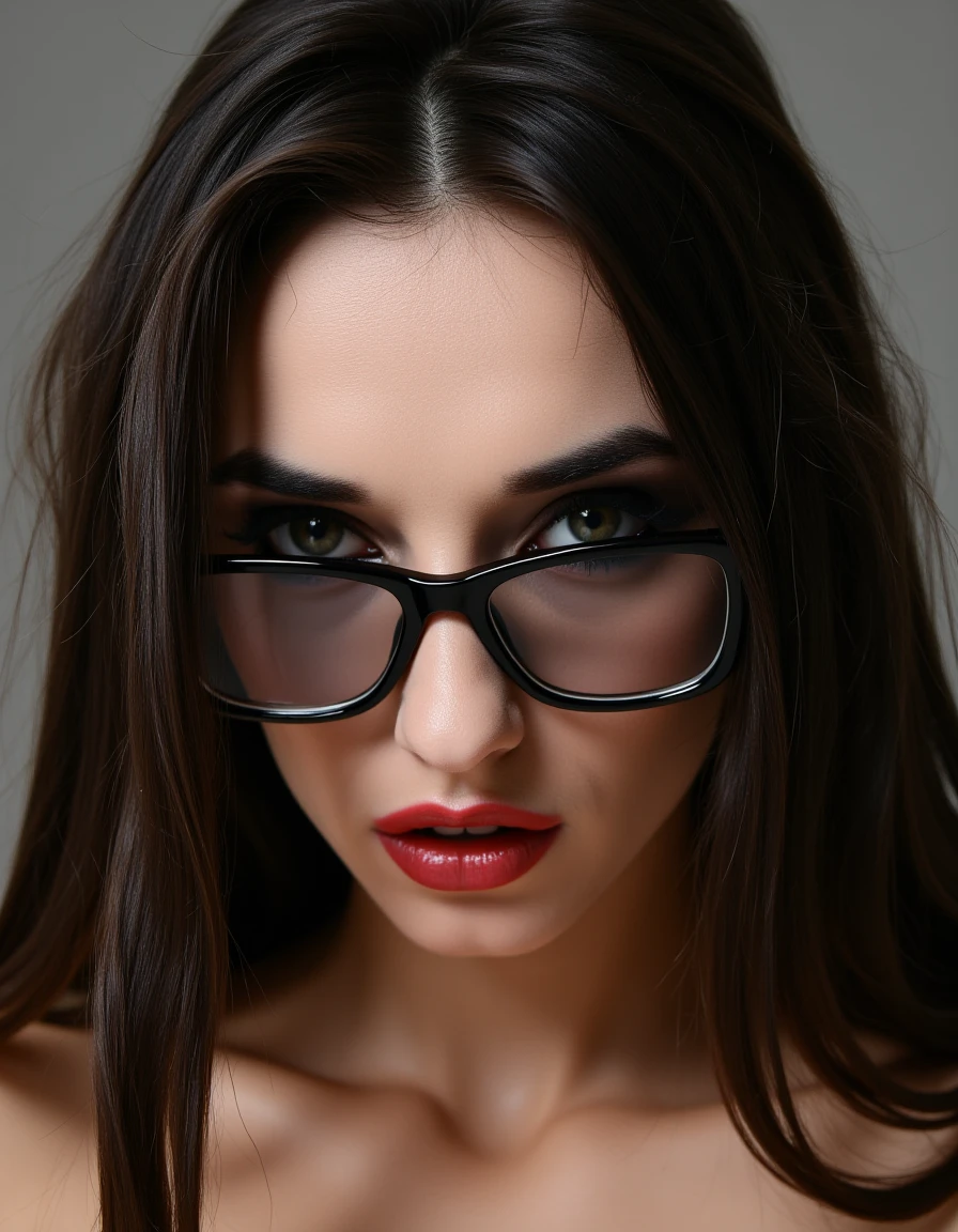 A striking portrait of a fierce black-haired woman with piercing eyes and bold, direct eye contact. She wears natural-looking brick-red lipstick and large, avant-garde glasses. The composition embodies a high-fashion editorial aesthetic, blending ethereal beauty with dramatic shadows and luxurious fashion details. The zoomed-out perspective places the subject in 30% of the frame, leaving ample negative space around her head for a modern, minimalist feel. The subtle 3D effect enhances the visual depth, creating a captivating and dynamic image.