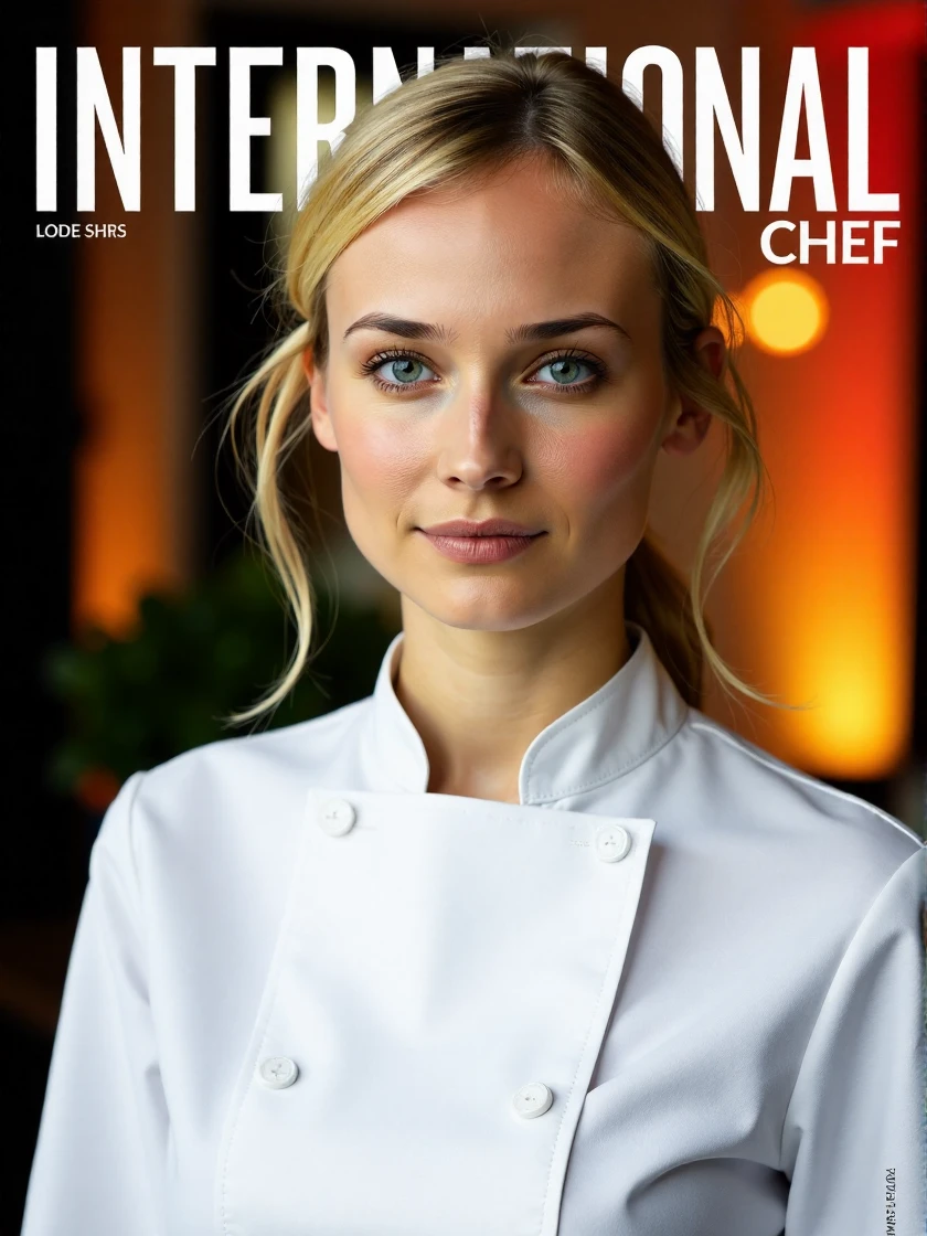 <lora:Diane_Kruger_Ca2002:1.1> woman, blonde <lora:zz_s_Fluxartis:0.5> A highly detailed cinematic photography. The image is a photograph of a fake mock-up of the cover of the January 2025 issue of "International Chef" magazine. The cover features a stylized, vibrant cover design. The only text is the title "INTERNATIONAL CHEF" prominently displayed in bold, white capital letters at the top. The background is a gradient of vibrant and complimentary fall colors, with the lighter shades at the top and darker shades towards the bottom, creating a dramatic effect. Also on the cover is an extreme close-up of the subject dressed as a professional chef including white uniform., modest clothes, modest apparel, chest covered, modesty <lora:zz_s_Chest_Size_Slider:-2>âââ