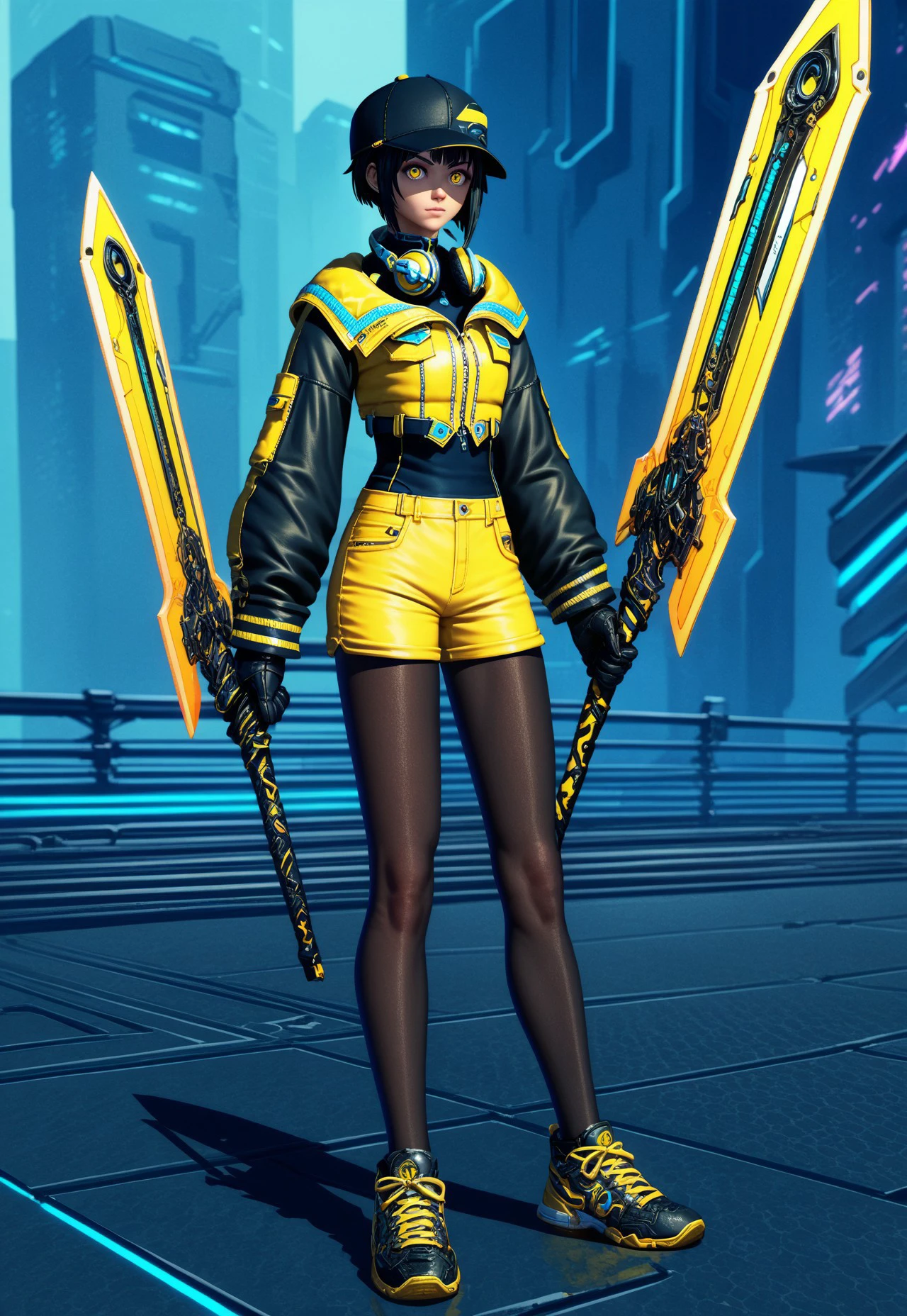 PonyXLV6_Scores BREAK V4NGU4RD, 1girl, weapon, sword, shorts, holding, yellow shorts, headphones, holding weapon, solo, holding sword, hat, yellow jacket, sneakers, jacket, over shoulder, weapon over shoulder, gloves, shoes, cyberpunk, standing, black gloves, looking at viewer, black hair, full body, pantyhose, short hair, black headwear, dual wielding, yellow eyes, headphones around neck