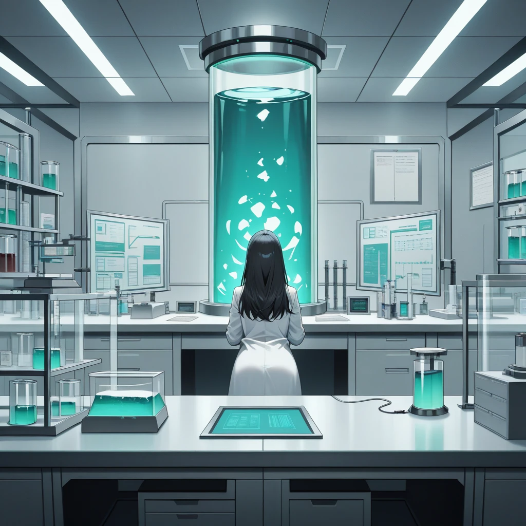 solo, 1girl, labcoat, <lora:Laboratory_-_IL:0.8> l4b, indoors, laboratory, table, science, masterpiece, best quality, good quality, newest