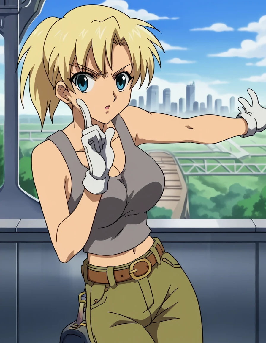 score_9, score_8_up, score_7_up, source_anime, <lora:seimii-s1-ponyxl-lora-nochekaiser:1>, seimii, short hair, blonde hair, blue eyes, large breasts, anime screencap, gloves, midriff, belt, pants, white gloves, tank top,, train station, waiting for train, suitcase, traveling, commute, city skyline, hands behind back, , <lora:hoshino-ruby-dance-ponyxl-lora-nochekaiser:1>, hoshino ruby dance, finger wagging, index finger raised, dancing, outstretched arm,, looking at viewer, solo,, cowboy shot, solo