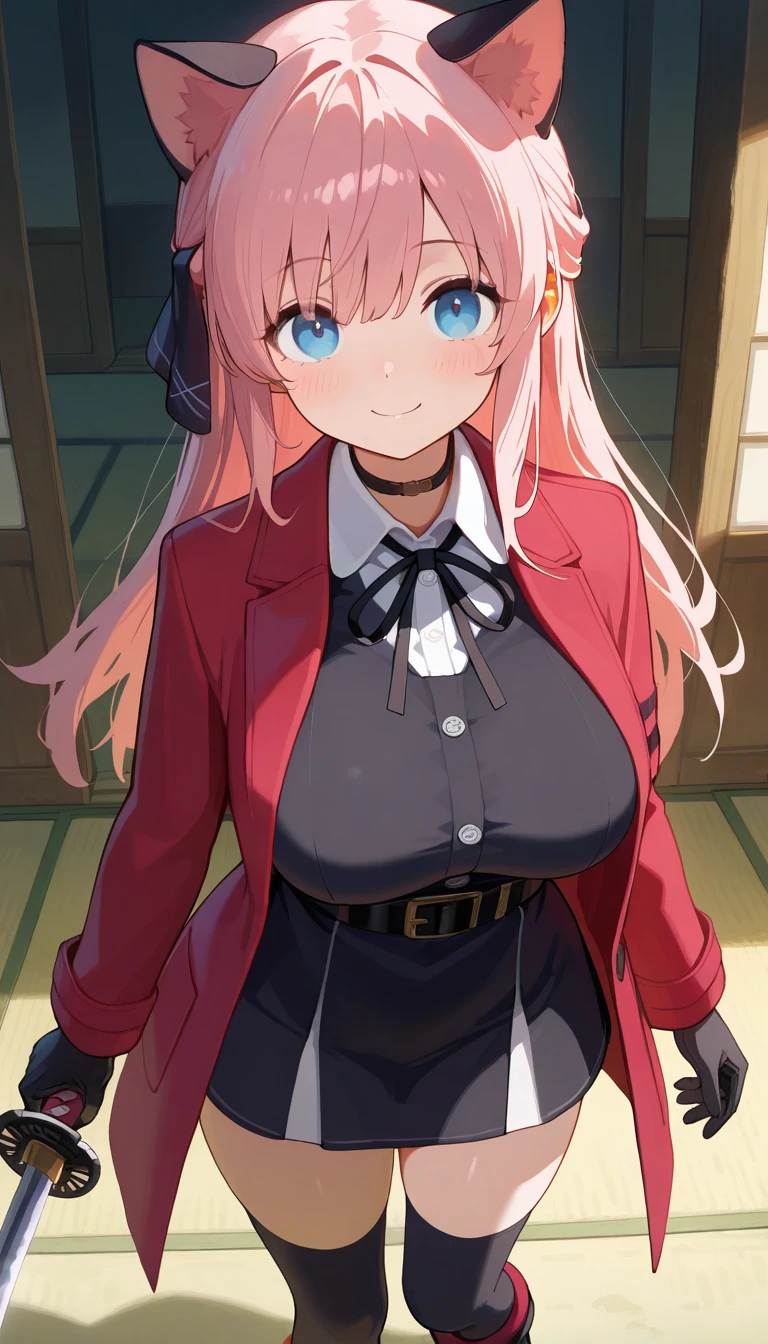 (masterpiece),best quality,amazing quality,very aesthetic,absurdres,newest,perfect body,shiny skin,perfect eyes,detail1eye,well-defined fingers,well-defined fingernails,anime style,indoors,1girl,solo,upper body,(portrait:1.5),looking at viewer,facing viewer,smile,blush,Vivi,cat ears,long hair,pink hair,hair ribbon,black ribbon,sidelocks,bangs,blue eyes,choker,red coat,black dress,collared shirt,white shirt,shirt under dress,neck ribbon,white button,long sleeves,black gloves,holding katana,large breasts,black belt,black thighhighs,zettai ryouiki,boots,black footwear,<lora:Vivi(v atmi)-Illus:1.6>,