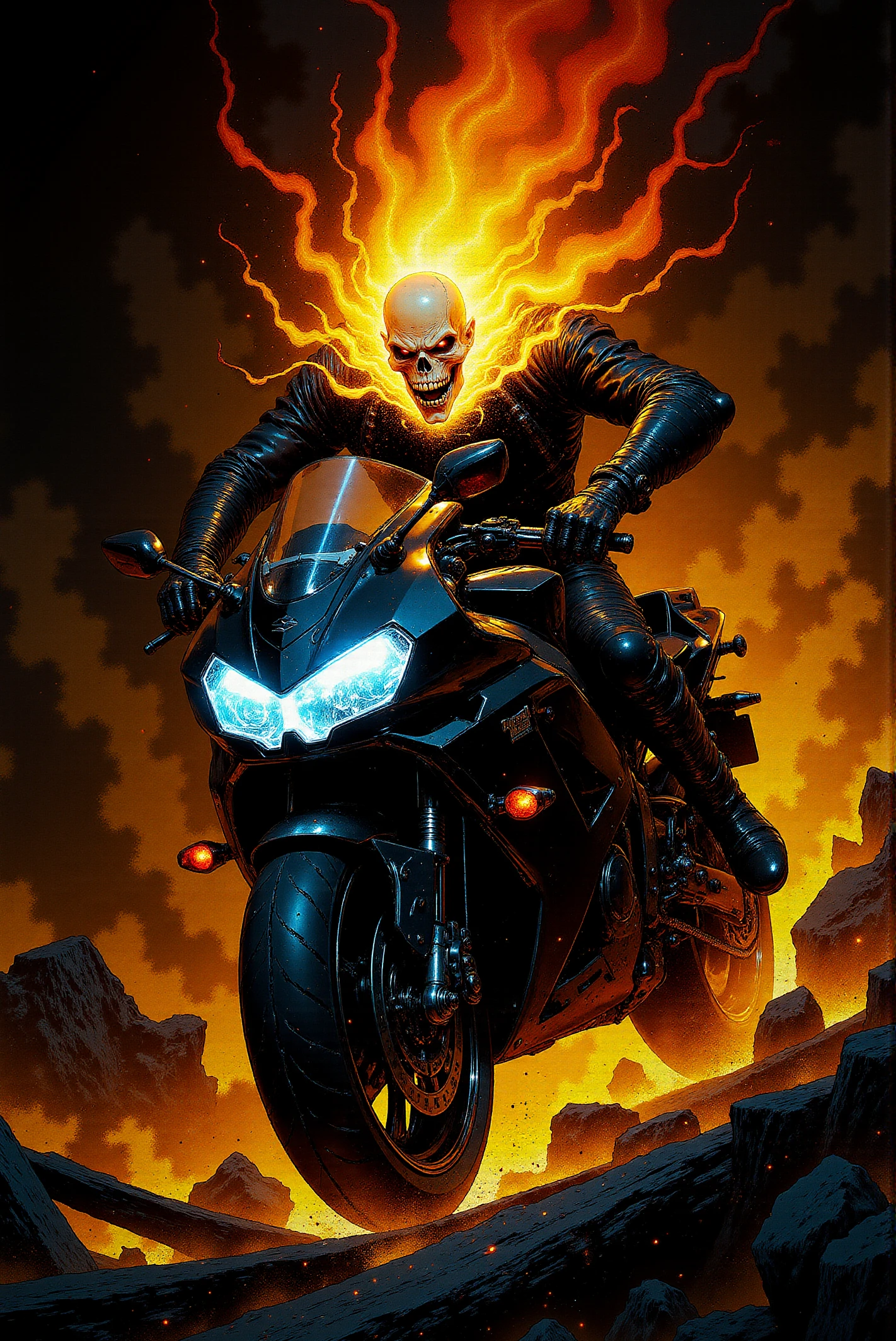 <lora:FANCHA_v.4:0.99> Fancha style. This artwork showcases an intense, fiery scene of a spectral figure with a flaming skull, engulfed in swirling flames and smoke. The character, clad in a dark, leather-like suit adorned with spikes and chains, exudes a formidable presence as he grips the handlebars of a reflective black Suzuki Hayabusa, which creates bright glints on its chromed parts. Biker's skeletal face, enveloped in an inferno of orange and yellow volumetric flames, bears an expression of relentless fury, with hollow eyes and a mouth twisted in a menacing grin. The flames cascade upward, forming a blazing halo that adds to the sinister, supernatural aura of the figure. The Suzuki Hayabusa itself is a powerful, high tech machine with sleek aggressive design, including xenon-like bright front headlight that glows with an intense, high temperature bluish searing light. Black metal and chrome components gleam with a mix of polished and reflective textures. The front of the Hayabusa churns up fire instead of dust, as though it's fueled by hellfire, leaving a trail of molten intensity in its wake. The background is an intricate ornate blend of dark shadows and fiery streams, with embers and sparks floating around, amplifying the sense of raw energy and speed. The color palette is dominated by deep reds, oranges, extremely bright bluish-white xenon light and glints, and blacks, reinforcing the infernal atmosphere. The artwork's textured and gritty style, with sharp contrasts, meticulous details and dramatic lighting, gives the scene a visceral, high-energy quality. The combination of horror and sci-fi embodied in the ghostly biker on hoverbike from the future creates a powerful visual of vengeance, power, and unstoppable force, making the image feel both original and iconic.