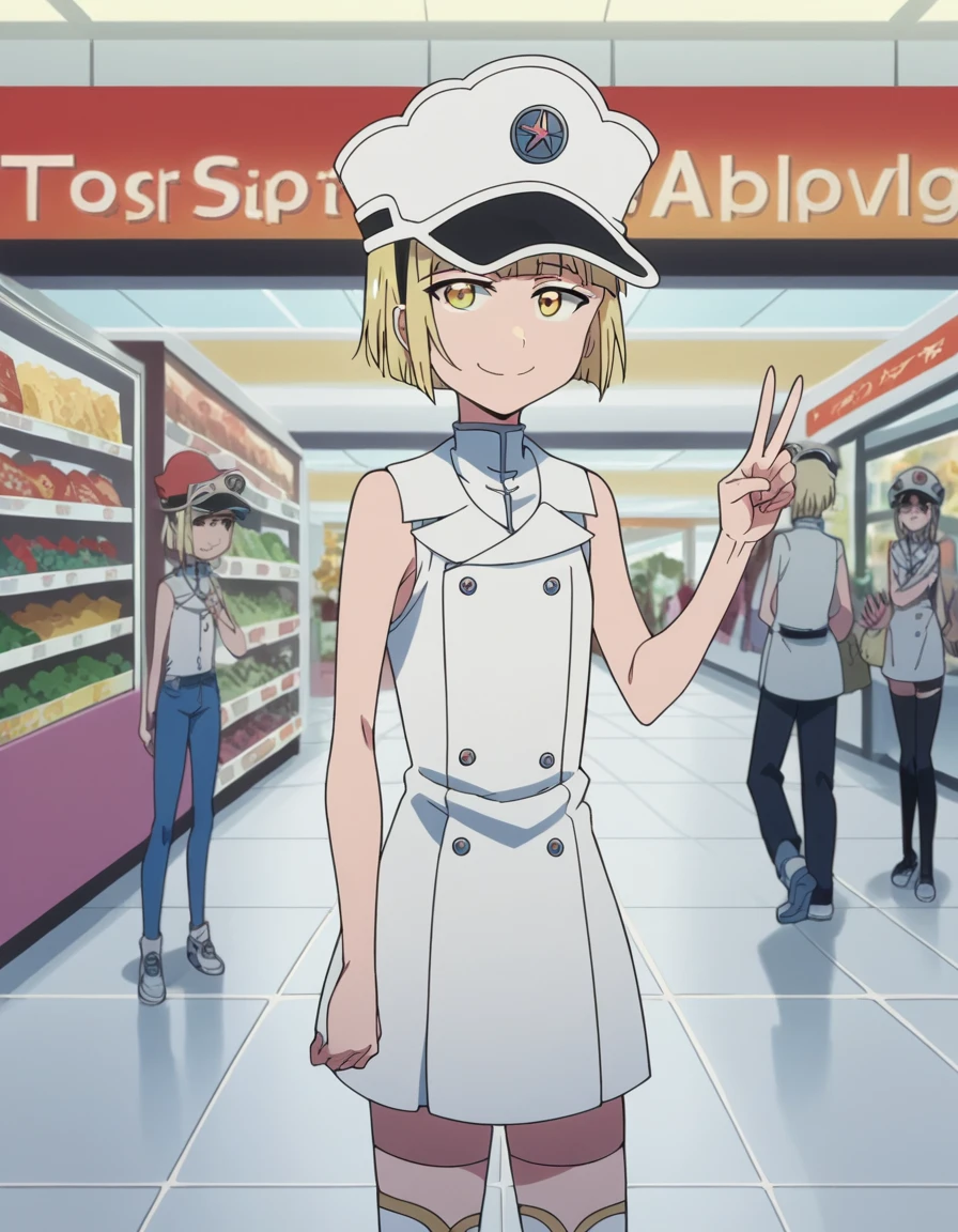 score_9, score_8_up, score_7_up, source_anime, <lora:liltotto-lampered-tybw-ponyxl-lora-nochekaiser:1>, liltotto lampered, short hair, blonde hair, yellow eyes, anime screencap, thighhighs, hat, sleeveless, uniform,, mall, shops, people, shopping, big, smile, v, v over mouth, smug,, looking at viewer, solo,, cowboy shot, solo