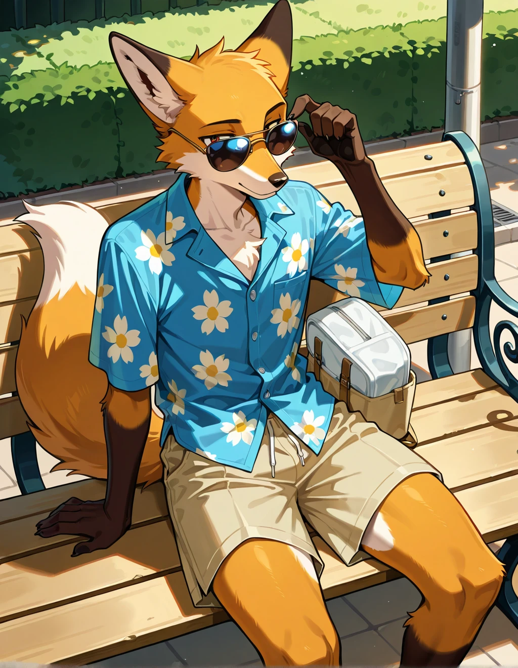 fox, solo, anthro, furry, sitting on bench, floral shirt, khaki shorts, sunglasses