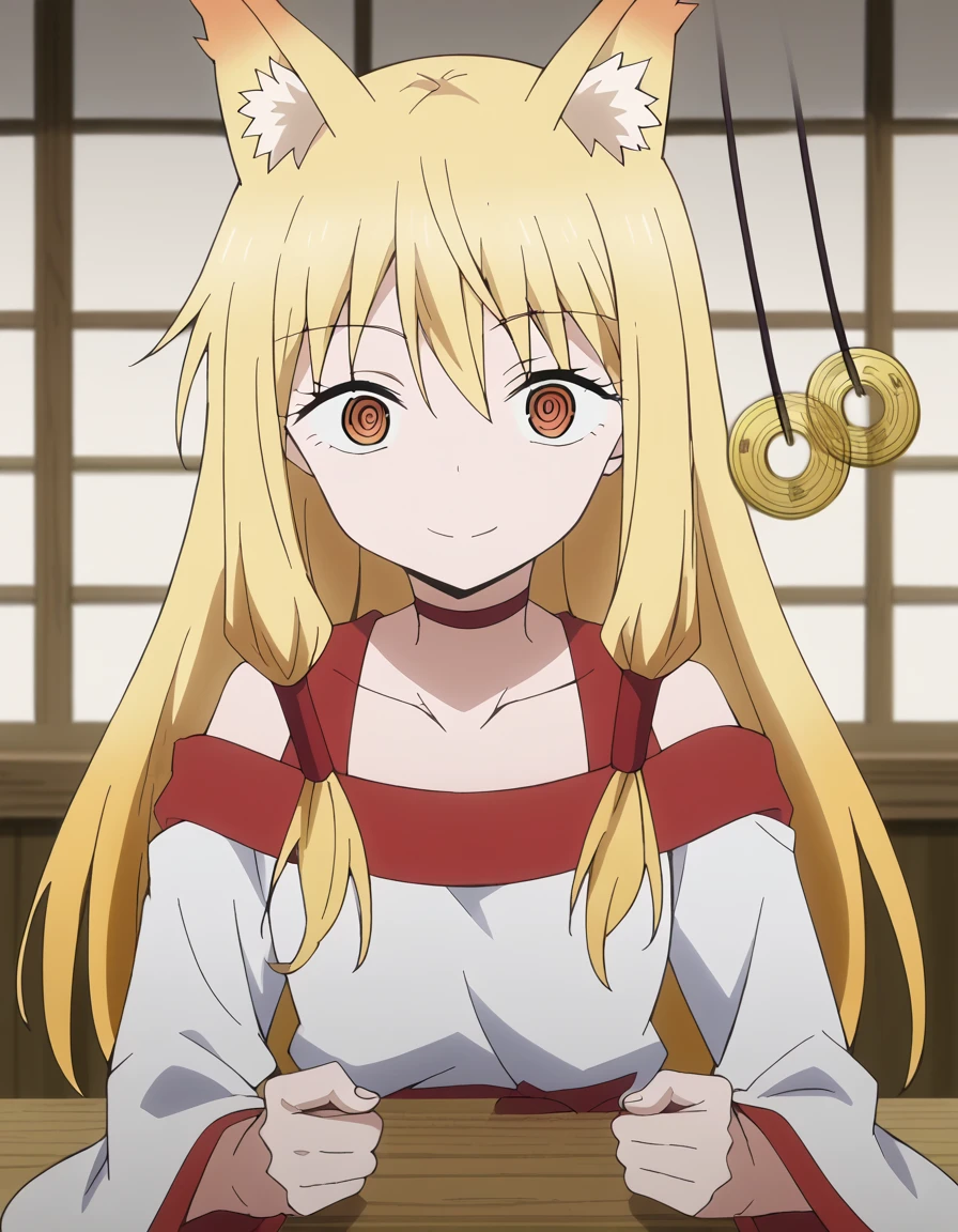score_9, score_8_up, score_7_up, source_anime, <lora:tama-youko-s2-ponyxl-lora-nochekaiser:1>, tama youko, long hair, blonde hair, animal ears, brown eyes, animal ear fluff, fox ears, sidelocks, anime screencap, long sleeves, dress, collarbone, choker, wide sleeves,, cafe, coffee cup, barista, sitting down, talking, relaxing, sunlight through window, smile, <lora:pendulum-ponyxl-lora-nochekaiser:1>, pendulum, holed coin, coin on string, hypnosis, mind control, coin, @ @,, looking at viewer, solo,, cowboy shot, solo