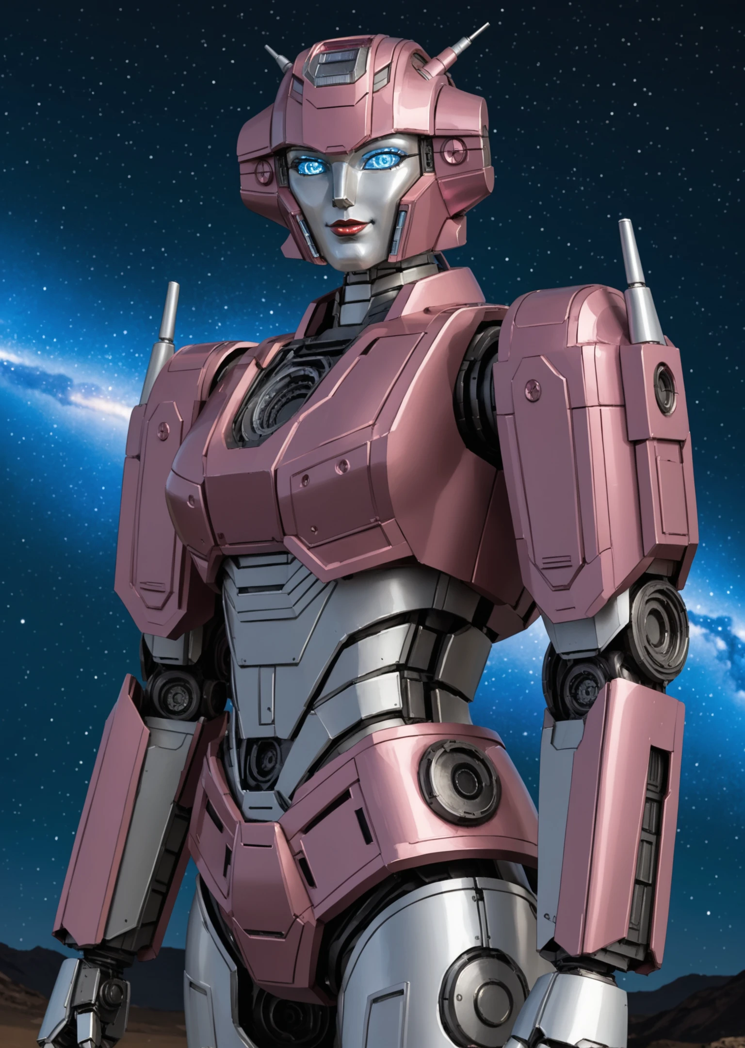 full_details,, Elita One, 1girl, solo, pink female robot, detailed metal face, blue eyes, red lips, smirk, metal breasts, looking at viewer, full-height view, seductive evocative pose, no human, asteroid surface, stars, comet, (2d:1.2), masterpiece retrostyle sci-fi, transformers, anime, digital painting, high quality, (intricate details:1.1), sharp focus<lora:lora\Add_more_details_V2_XLpony.safetensors:0.8:0.8><lora:lora\EnvyScifiStreamlineXL01.safetensors:0.8:0.8><lora:lora\Elita_One_from_Transformers.safetensors:0.8:0.8>