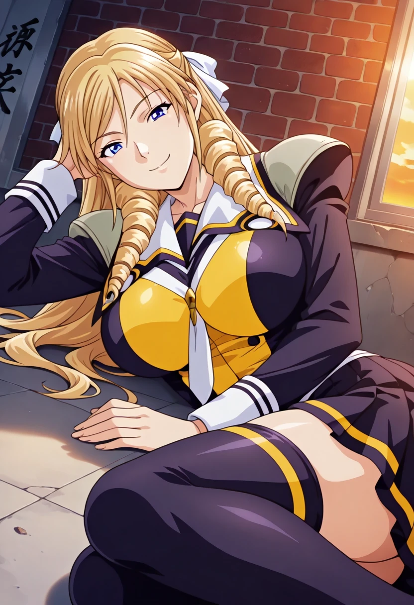 1girl,Leona Morimoto,long hair,blonde hair,drill hair,blue eyes,hair ornament,school uniform,discipline uniformn,two tone clothes,blue and yellow uniform,thigh highs,pleated skirt,from below,Lying on side, hand resting under head,(looking at viewer:1.1),Mischievous smile, one eyebrow raised,Alleyway, brick walls, shadows, graffiti,Sunset,Smoky, thin, drifting,masterpiece,best quality,newest,absurdres,highres,(highly detailed eyes,perfect eyes:1.1) <lora:Leona_Morimoto_-_Illustrious_epoch_10:1.0>