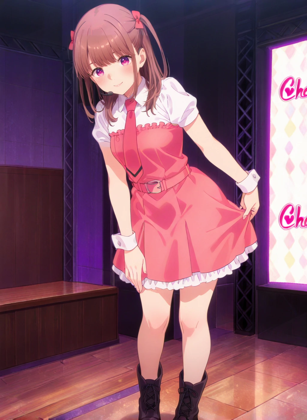 High quality,Ultra detailed,best quality,insanely detailed,beautiful,masterpiece,absurdres,very aesthetic,sensitive BREAK
1girl,solo,<lora:ichii_maina_V1_IL:1>,(ichii_maina, purple eyes, brown hair, long hair, bangs, two side up, hair bow, small breasts),(idol,white shirt,red necktie,puffy short sleeves,collared shirt,belt,dress,boots,frills,pink dress,wrist cuffs,black footwear),oshi ga budoukan itte kuretara shinu,looking_at_viewer,posing,smile,indoors,<lora:chamjam_stage_V1_IL:1>,stage,chamjam_stage,headset,