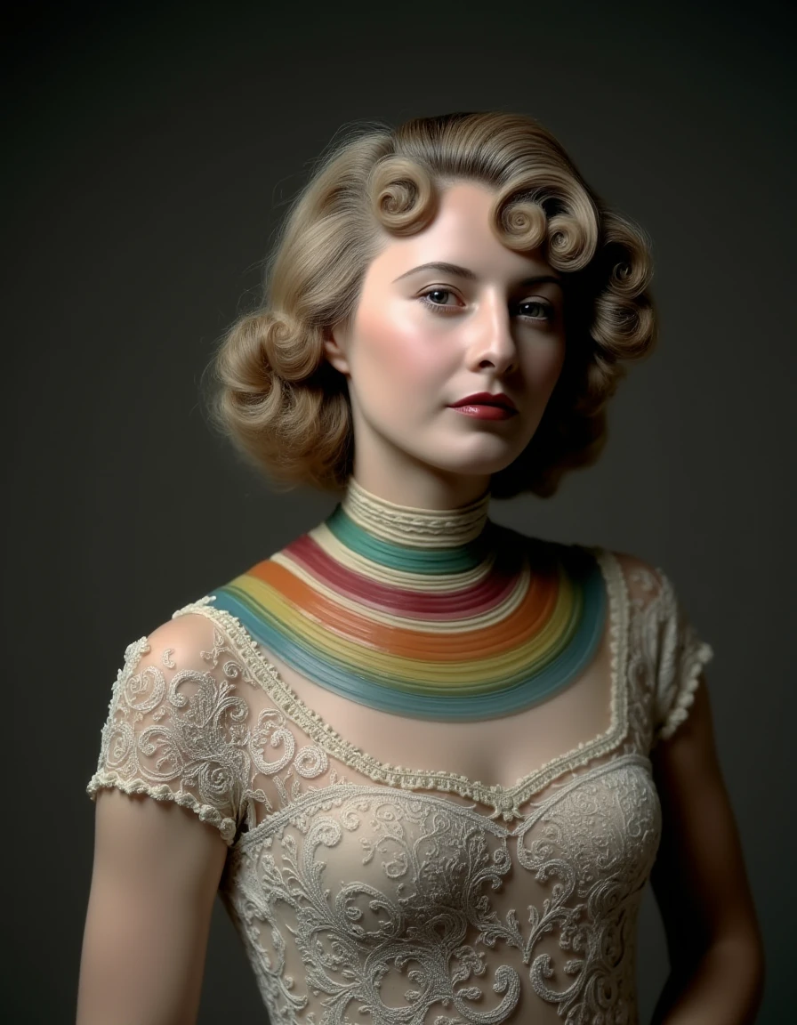 a pale woman wearing a space dress with a collar that looks like the rings of Saturn with different colored rings with elaborately curled hair <lora:barbara-stanwyck-flux:1.2>