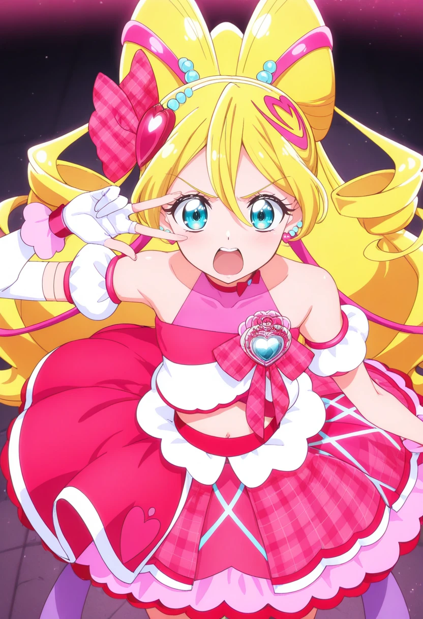 1girl,cure idol,solo,
masterpiece, best quality, newest, absurdres, CG, anime, source anime, illustration,
blonde hair, pink bow, blue eyes, hair bow, jewelry, heart hair ornament, earrings, multicolored hair, twin drills, magical girl, detached sleeves, hair between eyes, plaid skirt, pink choker, bare shoulders, very long hair, <lora:cureidol_Illust_v1:0.8>
v over eye ,
from above, cowboy shot, looking away, angry, pasture, open mouth