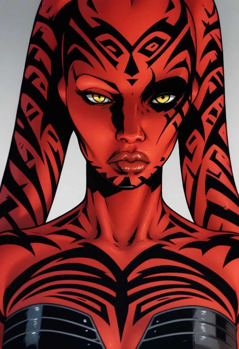 score_9, score_8_up, score_7_up, (1girl, darth_talon, twilek, red skin, sith tattoos, black bra, armored_gloves, yellow eyes, slender female, medium breasts, seductive expression, full lips, fit female), looking at viewer, bust portrait, face focus, perfect face, perfect eyes,