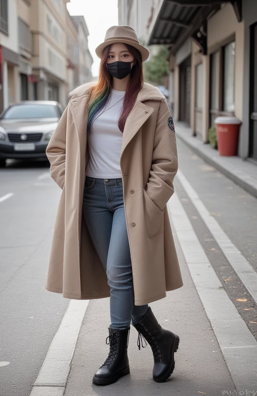 score_9,score_8_up,score_7_up,score_6_up,score_5_up,<lora:spo_sdxl_10ep_4k-data_lora_webui:1.7>,zPDXL3,(exquisite score:1.1),photo\(medium\),(realistic:1.2),photorealistic,reality,dynamic photo,incredibly absurdres,absurdres,highres,detail,intricate detail,detailed,(exquisite:1.1),4k,16k,uhd,depth of field,ray-tracing,dynamic angle,<lora:add_saturation_XL:-0.8>,<lora:add_contrast_XL:-0.5>,<lora:add_brightness_XL:-0.5>,<lora:add_sharpness_XL:0.8>,nsfwupscaler,<lora:BackgroundDetailerV3:0.2>,beautiful background,pureerosface_xl,<lora:ALTXLpony_063_8:0.5>,<lora:Expressive_H:0.8>,Expressiveh,perfect eyes,perfect hands,
BREAK <lora:JCAI_influencer10_unreal:1>,n5th5n5255,female,korean,asian,black eyes,1girl,solo,alone,realistic,(looking at viewer:1.1),((mouth mask)),(long coat,jacket,t-shirt inside coat,wearing a stylish hat,rainbow hair,holding bubble tea:1.2),on the street,full body,long jeans,boots,bubble tea,