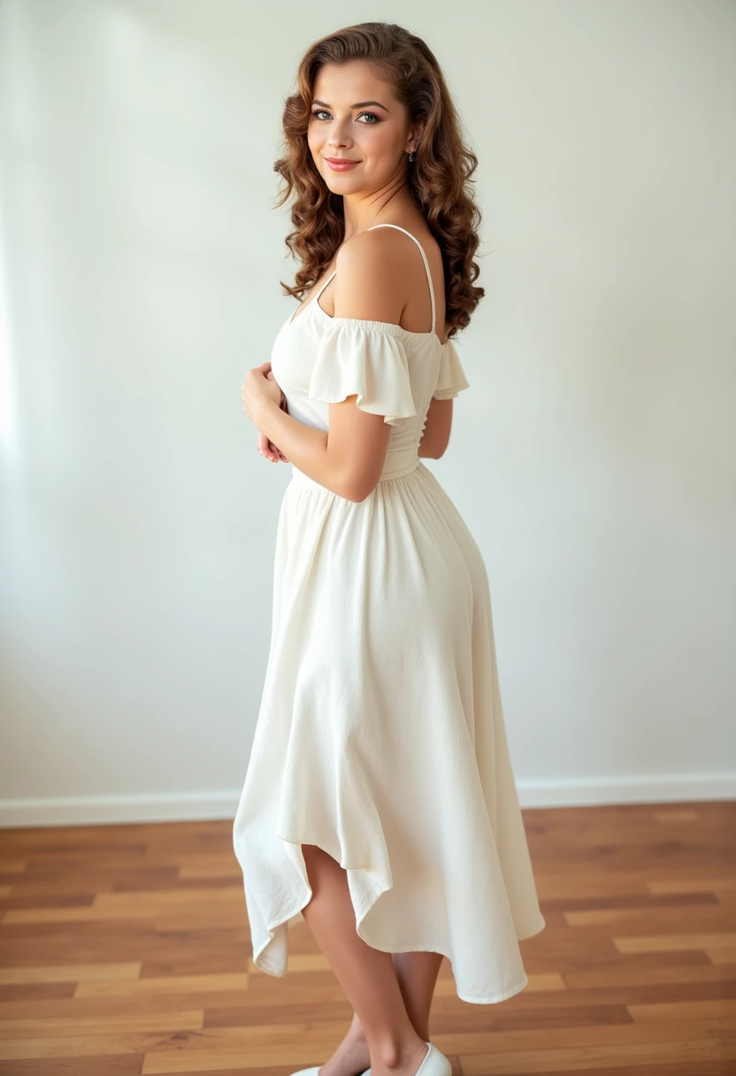 Full body view, multiple angles, she is looking at the camera, with adoration, retro50s_style, photoshoot poses; the image is a portrait of a young woman. she is standing. she has piercing eyes. She is wearing a white off-the-shoulder dress, that hangs past her knees with ruffled sleeves and white high heels. wooden floor She has happy look on her face. she is laughing with her mouth open. The background is a simple white wall. The overall mood of the image is happy.RAW candid cinema,16mm,color graded portra 400 film,remarkable color,ultra realistic,textured skin,remarkable detailed pupils,realistic dull skin noise,visible skin detail,skin fuzz,dry skin,shot with cinematic camera,detailed skin texture,(blush:0.2),(goosebumps:0.3),subsurface scattering,beautiful photograph in the style of Augustus John,Sergio Toppi,Virginia Frances Sterrett,8k HD,detailed skin texture,ultra realistic,textured skin,analog raw photo,cinematic grain,whimsical.perfection style