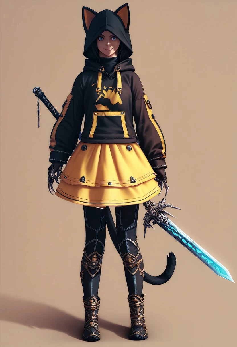 PonyXLV6_Scores BREAK V4NGU4RD, 1girl, solo, skirt, weapon, hood, standing, claws, cat hood, full body, animal hood, yellow skirt, animal ears, brown background, holding, sword, smile