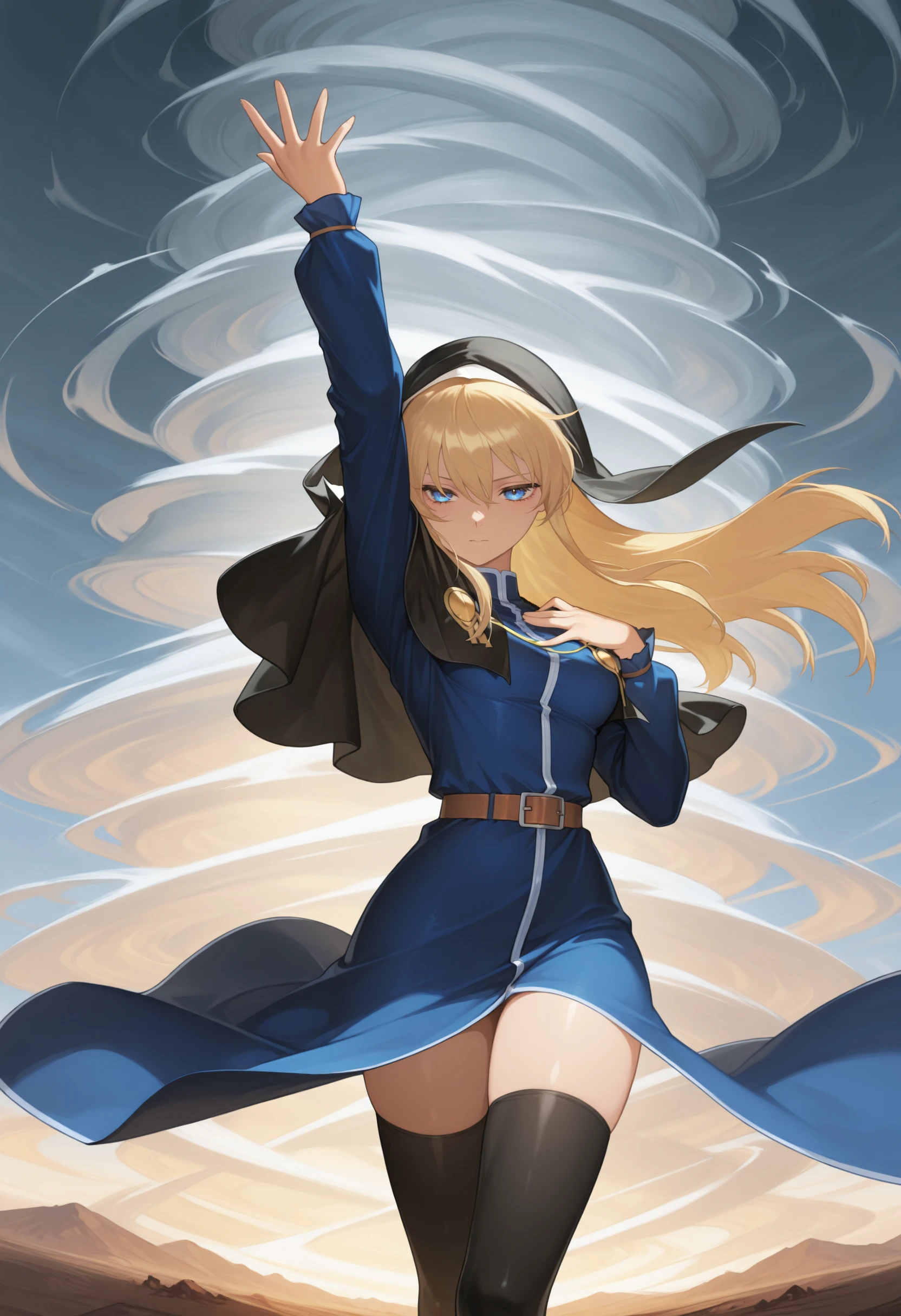 masterpiece, best quality, 1girl, , solo, <lora:Goeniko-illus_Fp-000009:1>, g0eniko, blonde hair, blue eyes, long hair, habit, blue dress, collared dress, black capelet, black thighhighs, belt, outdoors, hand up, tornado, arm up, wind, hand on own chest,