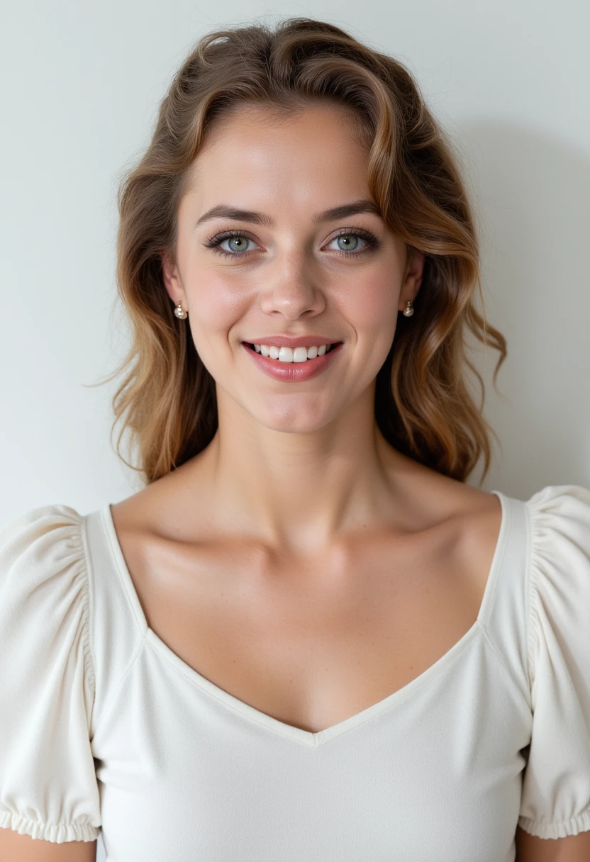 headshots, multiple angles,photoshoot poses; the image is a portrait of a young woman. she is standing. she has piercing eyes. She is wearing a white off-the-shoulder blouse with ruffled sleeves. She has happy look on her face. she is laughing with her mouth open. The background is a simple white wall. The overall mood of the image is happy.RAW candid cinema,16mm,color graded portra 400 film,remarkable color,ultra realistic,textured skin,remarkable detailed pupils,realistic dull skin noise,visible skin detail,skin fuzz,dry skin,shot with cinematic camera,detailed skin texture,(blush:0.2),(goosebumps:0.3),subsurface scattering,beautiful photograph in the style of Augustus John,Sergio Toppi,Virginia Frances Sterrett,8k HD,detailed skin texture,ultra realistic,textured skin,analog raw photo,cinematic grain,whimsical.perfection style