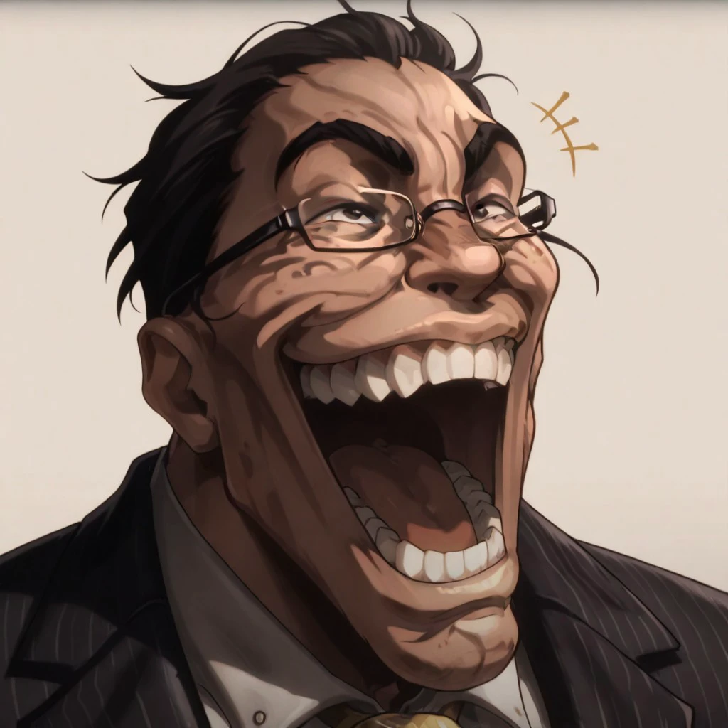 masterpiece, best quality, newest, absurdres, highres,  anime, anime style, YujiroLaughIL-V1.1 smile, teeth, grin, open mouth, laugh, 1boy, SenatorArmstrongIL, suit, formal, suit, glasses, yellow nectie,