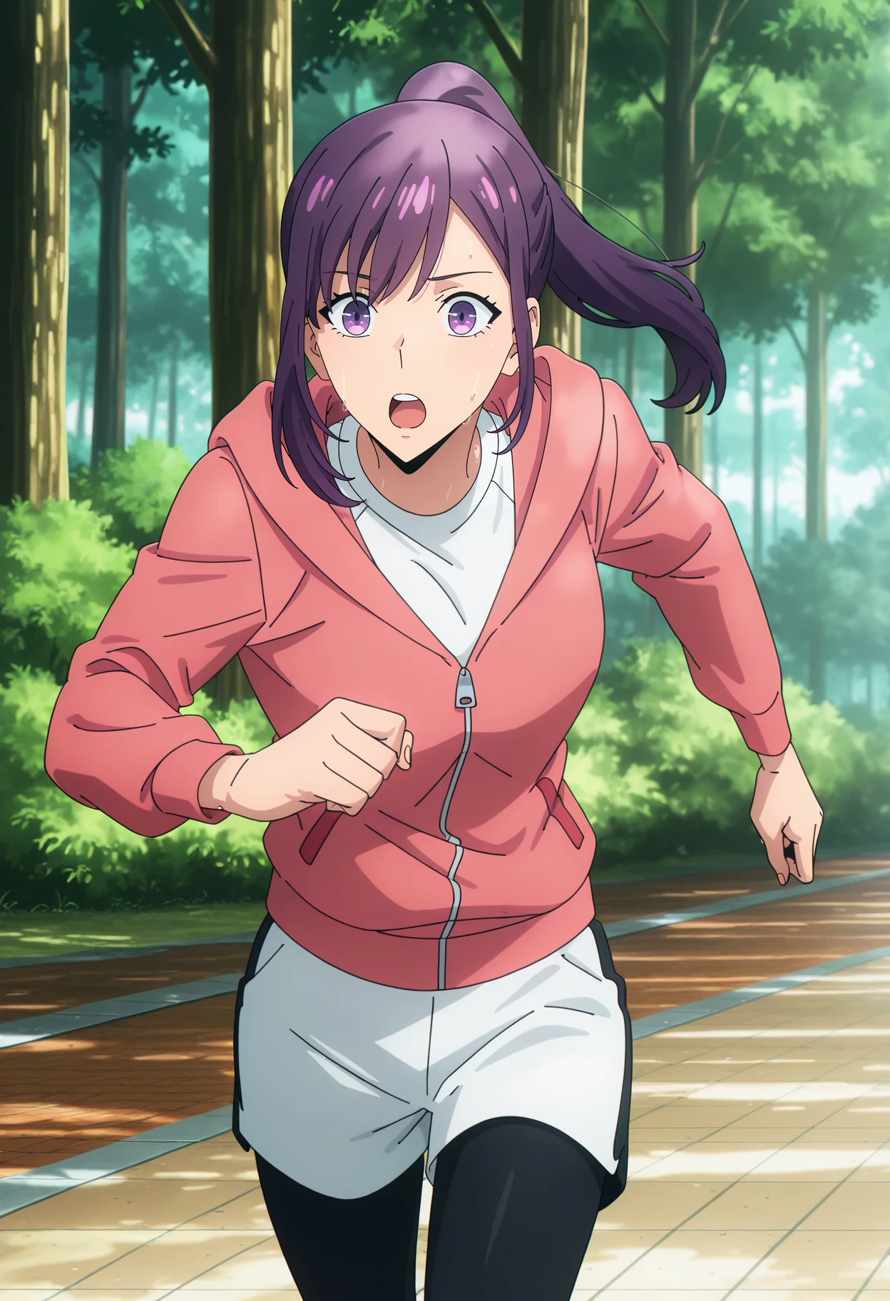 anime screencap, masterpiece, best quality,
<lora:SoloLeveling_SungJinah_IlluXL:0.9>,
1girl, solo, open mouth, sweat,
purple hair, purple eyes, high ponytail,
JinahJogging, white shirt, white shorts, hooded jacket, pink jacket, black leggings,
running, looking at the viewer, cowboy shot,
outdoors, tree, forest, park