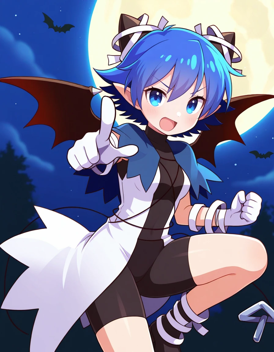 <lora:DHERivieraserene_SDXL_illustrious_fp16_ver01:1>,DHERivieraserene, 1girl, blue hair, short hair, horns, blue eyes, pointy ears, bat wings, blue capelet, dress, turtleneck, gloves, bike shorts, , bandages, string accessories,black footwear, v-shaped eyebrows,open mouth,pointing at viewer, night sky, moon,bats,bats strikes at viewer,motion lines,, masterpiece, best quality, very aesthetic, absurdres,<lora:detailed_hands:1>,hand