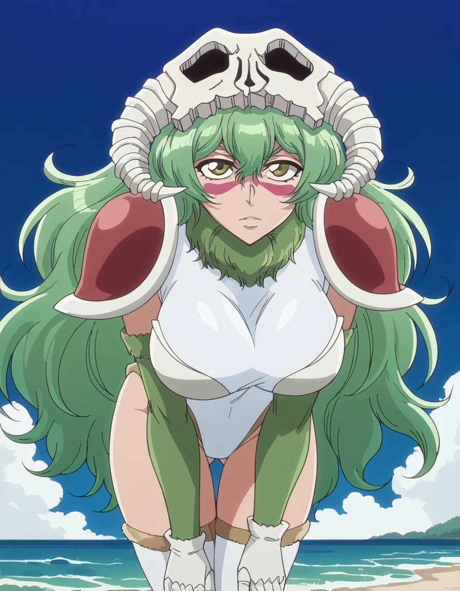 score_9, score_8_up, score_7_up, source_anime, <lora:nelliel-tu-odelschwanck-tybw-ponyxl-lora-nochekaiser:1>, nelliel tu odelschwanck, long hair, large breasts, facial mark, yellow eyes, mature female, anime screencap, thighhighs, armor, leotard, skull,, beach, sand, waves, sun, ocean, , leaning forward,, looking at viewer, solo,, cowboy shot, solo