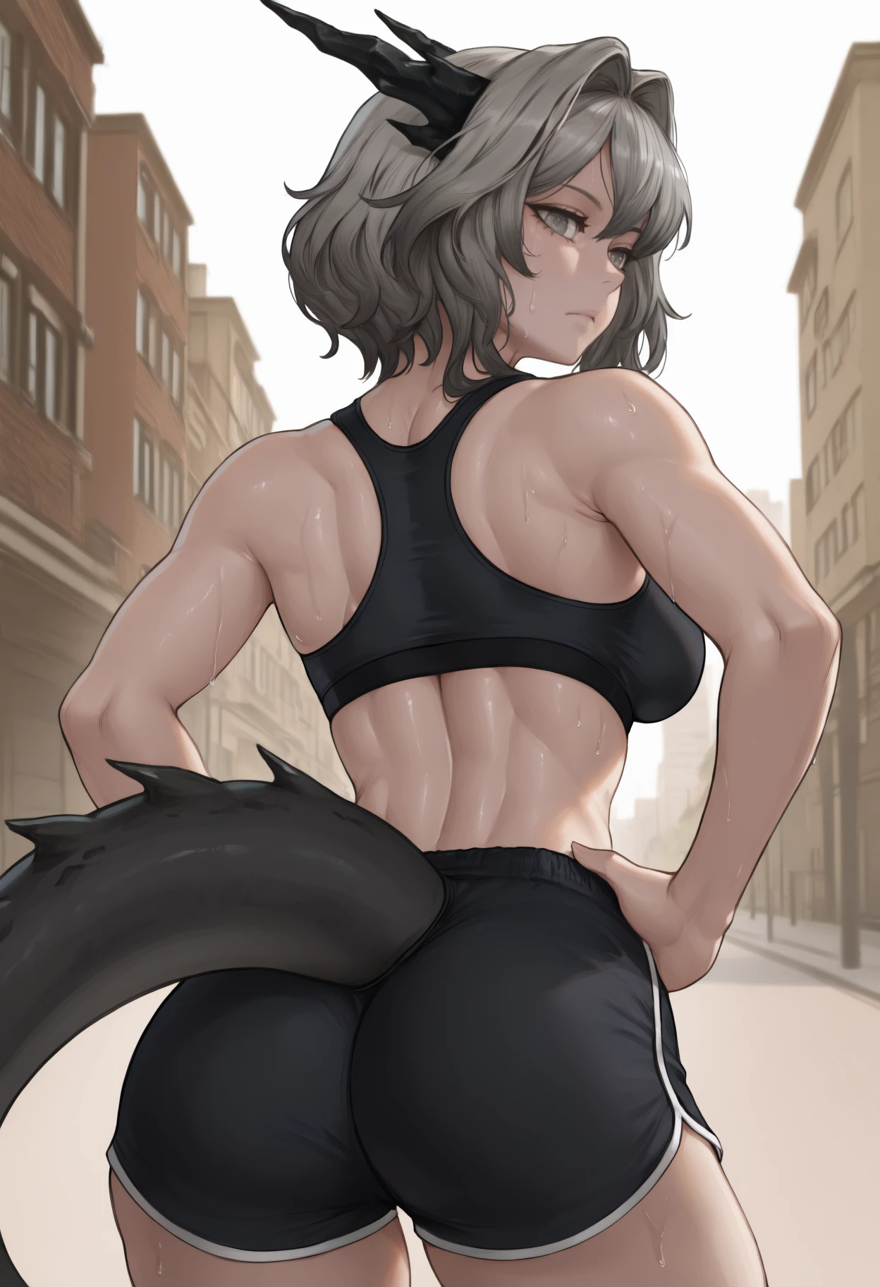 masterpiece, best quality, from behind, solo, 1girl, tlhdef, dragon tail, sweat, expressionless, looking back, hands on own hips, short hair, grey hair, hair intakes, black horns, dragon horns, grey eyes, black sports bra, black shorts, dolphin shorts, short shorts, ass, outdoors, day, city street
<segment:yolo-Anzhc Face seg 640 v2 y8n.pt,0.4,0.5//cid=1>
